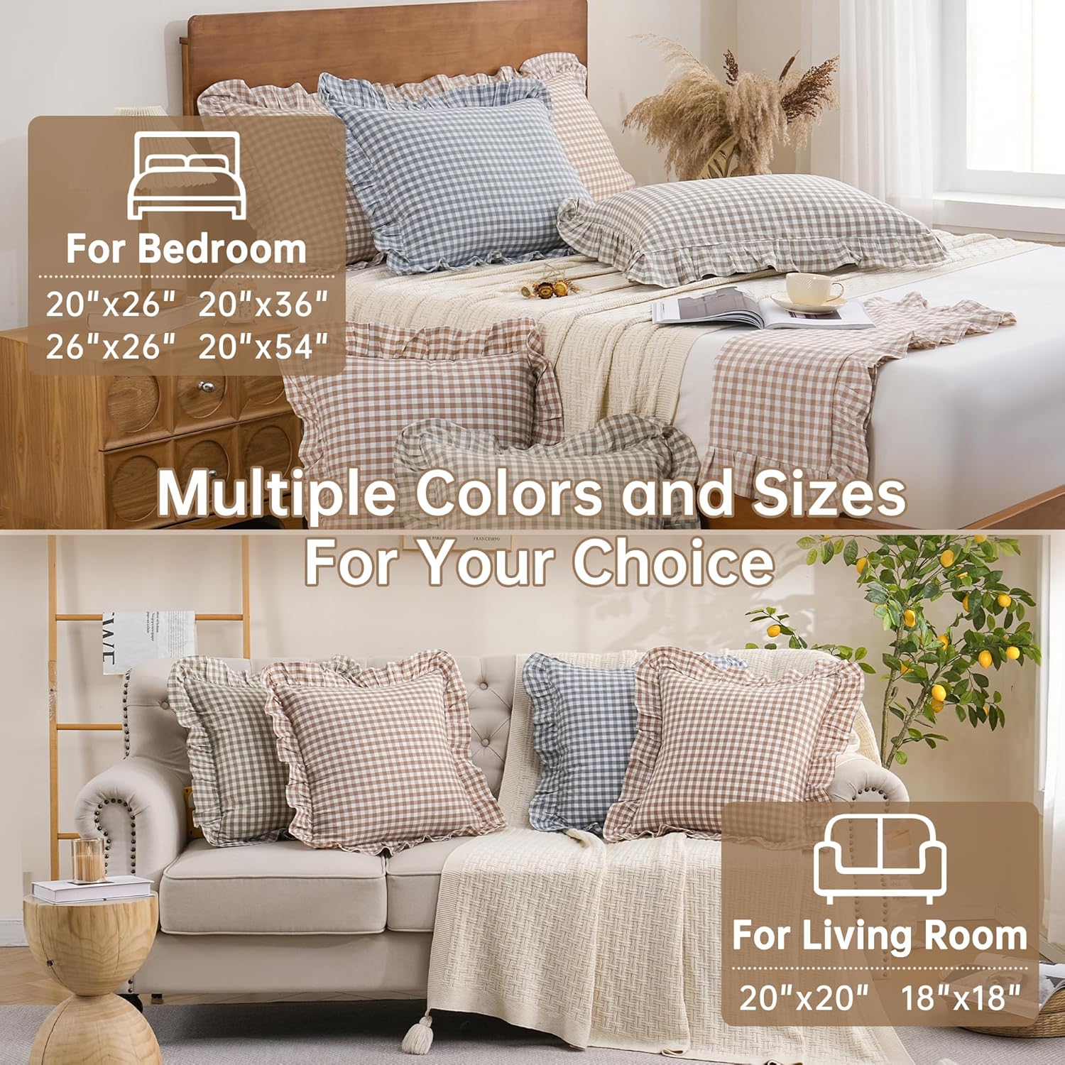 Tan Gingham Throw Pillow Covers 100% Washed Cotton Like Linen Feel Soft Comfy Ruffle Farmhouse Fall Decorative Pillow Cases Sham Set of 2 for Couch Sofa Bed (18x18 Inches, Zipper Closure)