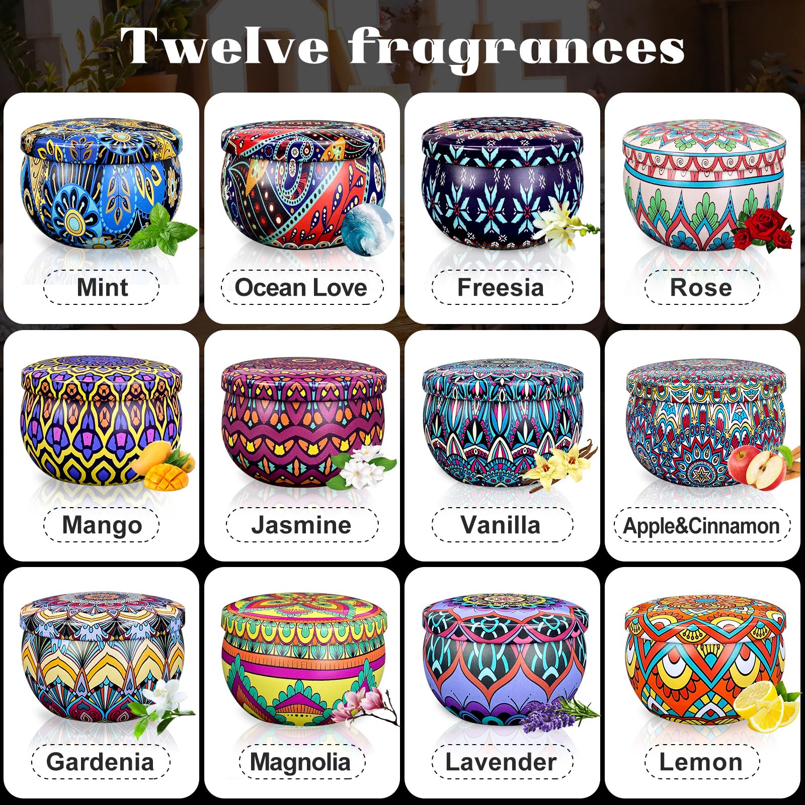 Juego de 48 velas aromáticas pequeñas de cera de soja, velas de aromaterapia de 2.5 onzas, velas de lata portátiles con tapa, cesta de regalo de relajación para madre, mujeres, amigos y compañeros de