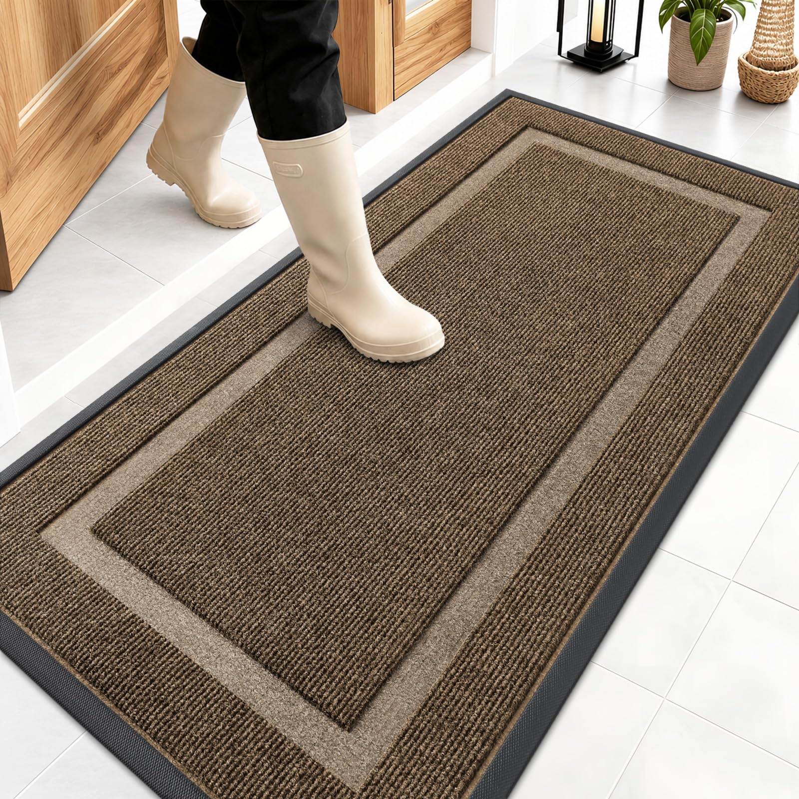 OLANLY Front Door Mat Outside 47x23, All-Season Heavy-Duty Rubber Doormat | Brown, Absorbent, Stain and Fade Resistant, Waterproof Non-Slip Backing, Low-Profile Indoor Outdoor Floor Mat for Entryway