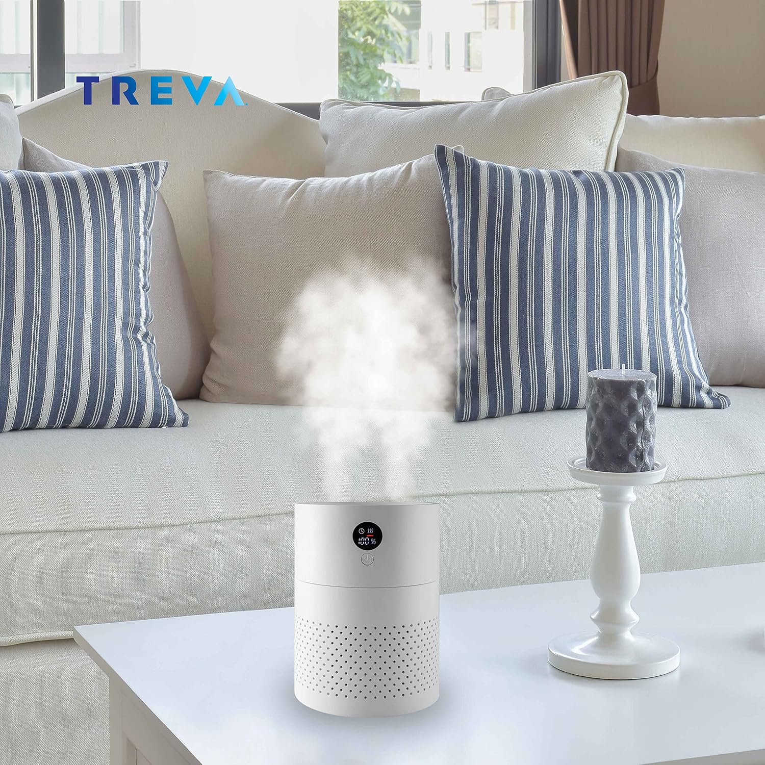 TREVA Portable Cool Mist Humidifier 2 Liter Capacity Rechargeable Battery Powered 2 Misting Modes Led Display Panel and Auto Shut Off