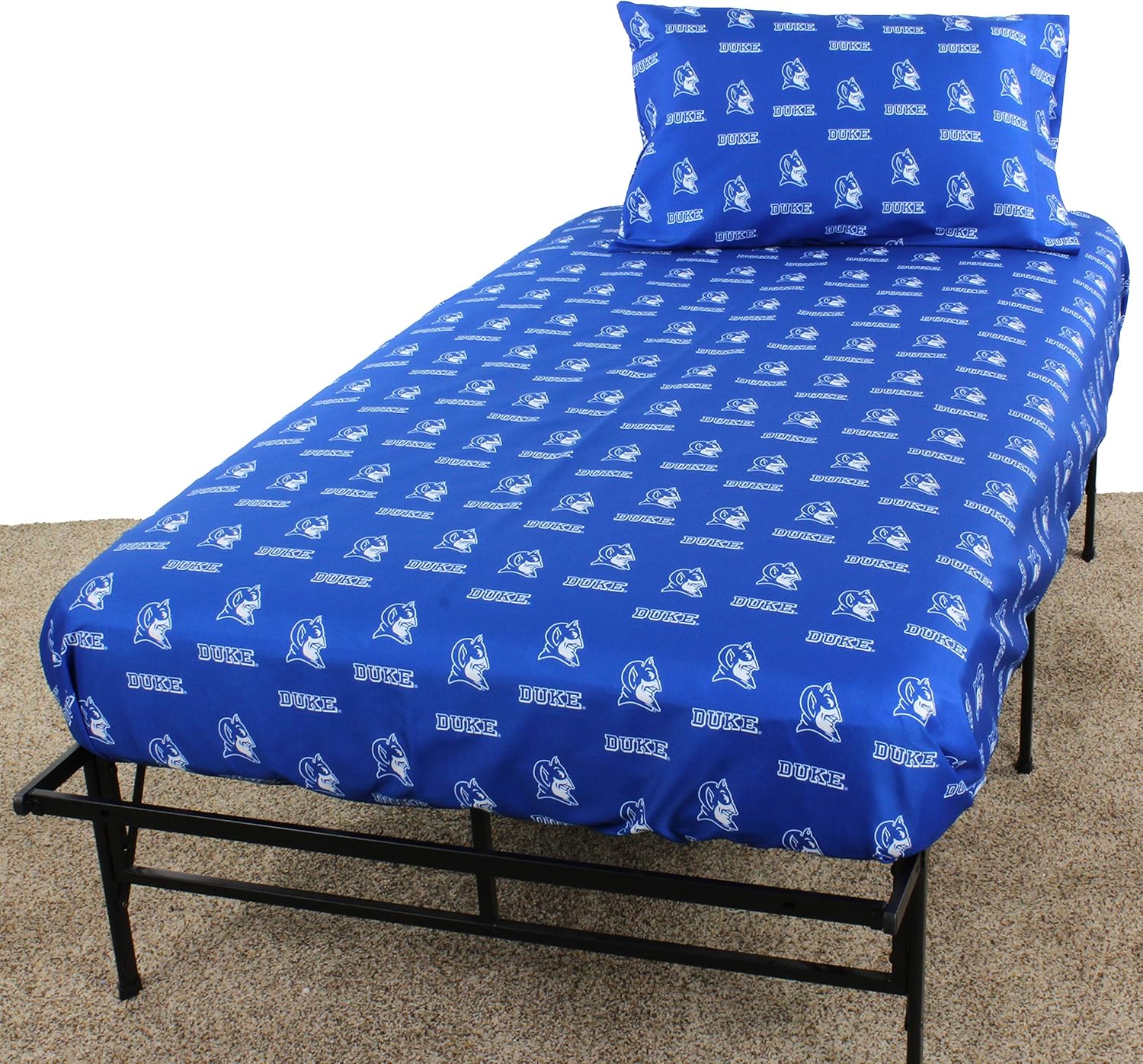 College Covers Everything Comfy Duke Blue Devils King Sized 4 Piece Sheet Set, Team Color Background, 1 Flat Sheet, 1 Fitted Sheet, 2 Pillowcases