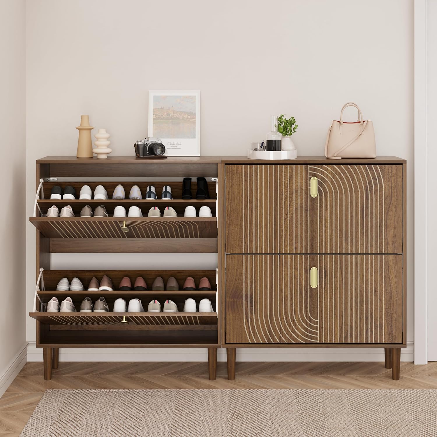 Smuxee Shoe Cabinet with 2 Flip Drawers, 31.5" Walnut Hidden Shoe Storage Cabinet with Line Groove Design, Freestanding Shoe Organizer Cabinet for Hallway, Entryway, Living Room