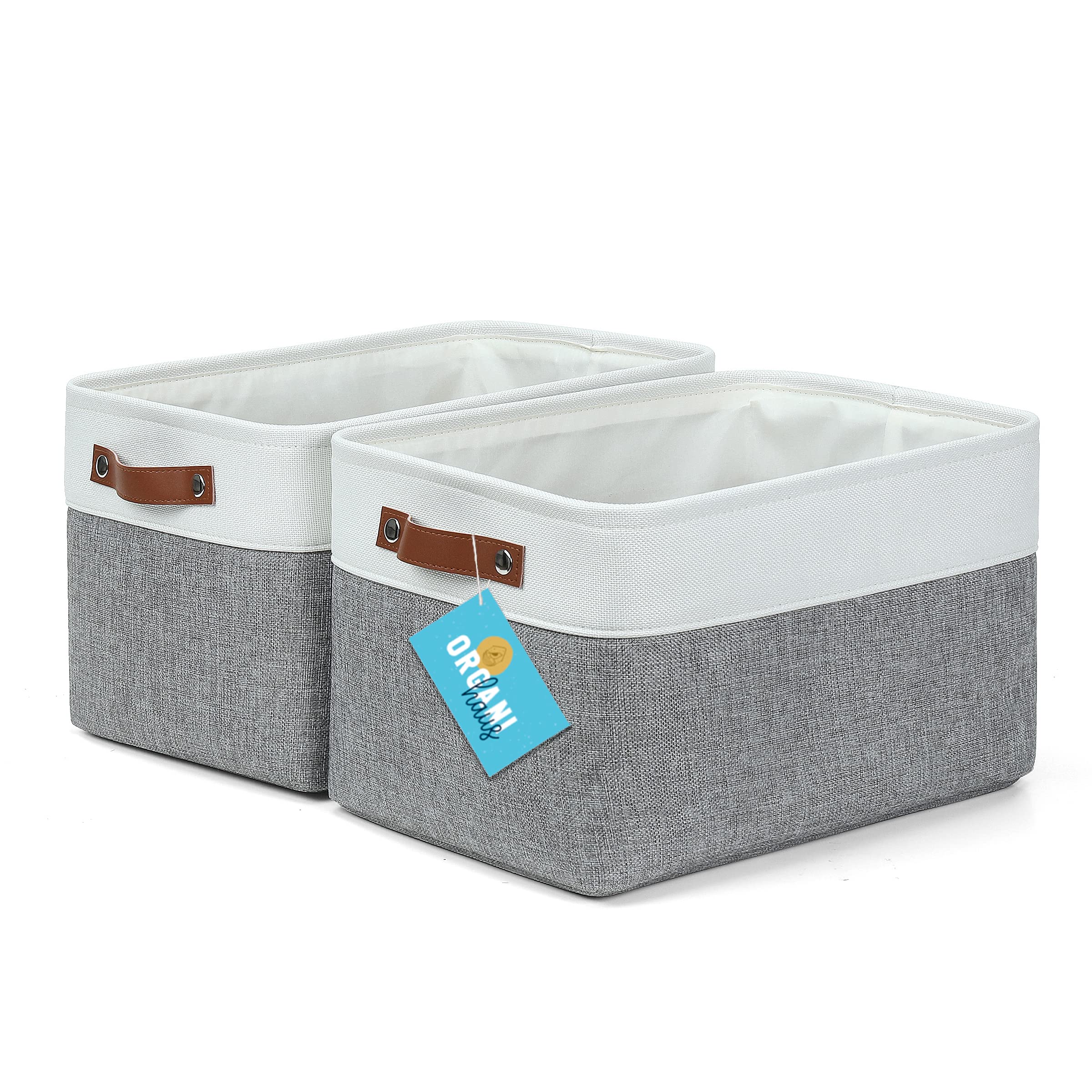 OrganiHaus Large Fabric Storage Baskets for Shelves 2 Pack | 15x11in Closet Storage Bins for Shelves | Cloth Baskets for Organizing | Linen Closet Organizers | Fabric Basket - Gray/White