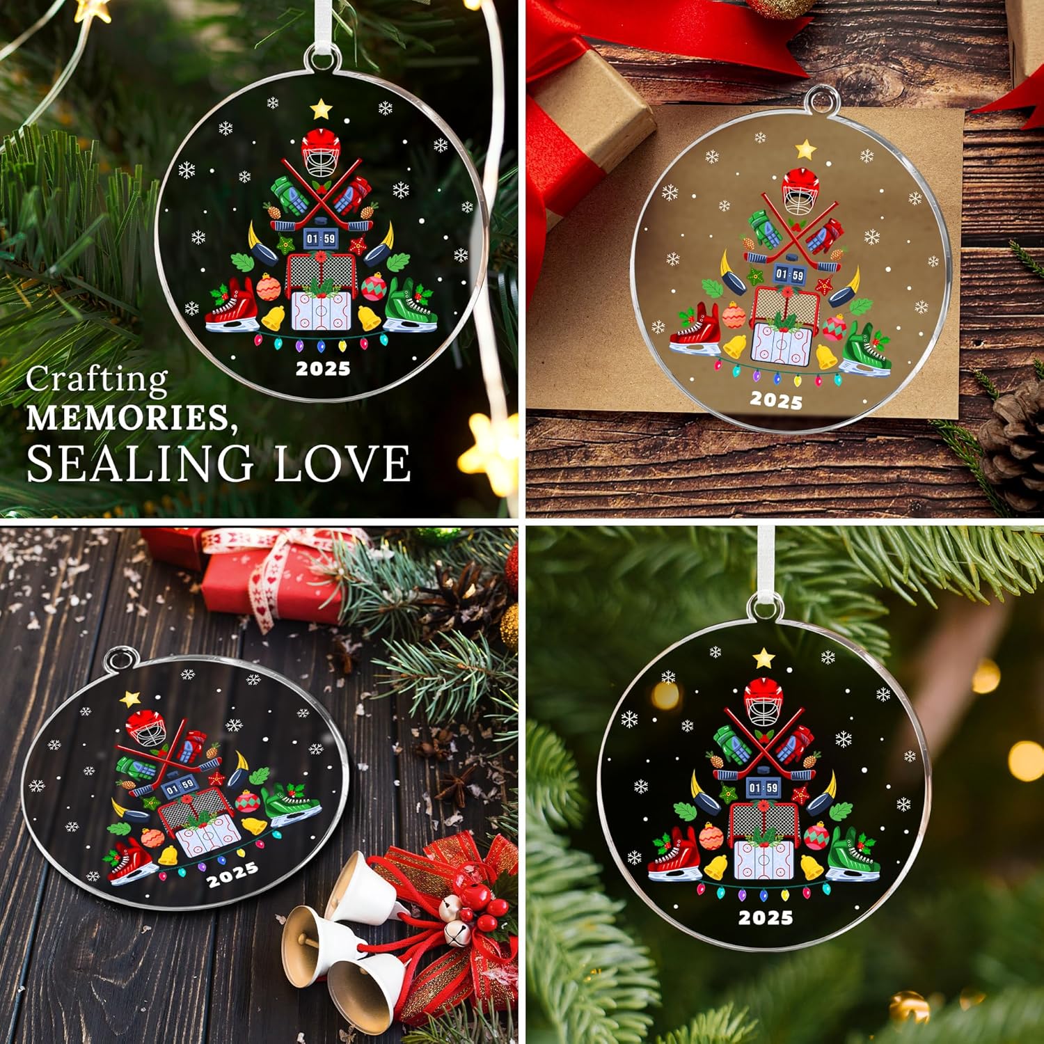 HEXMOZ Hockey Christmas Ornaments 2025 - Ice Hockey Gifts for Boys, Men - Sports Themed Gift Ideas for Players, Lovers, Coaches, Fans - Holiday Tree Decorations, Acrylic Xmas Ornaments