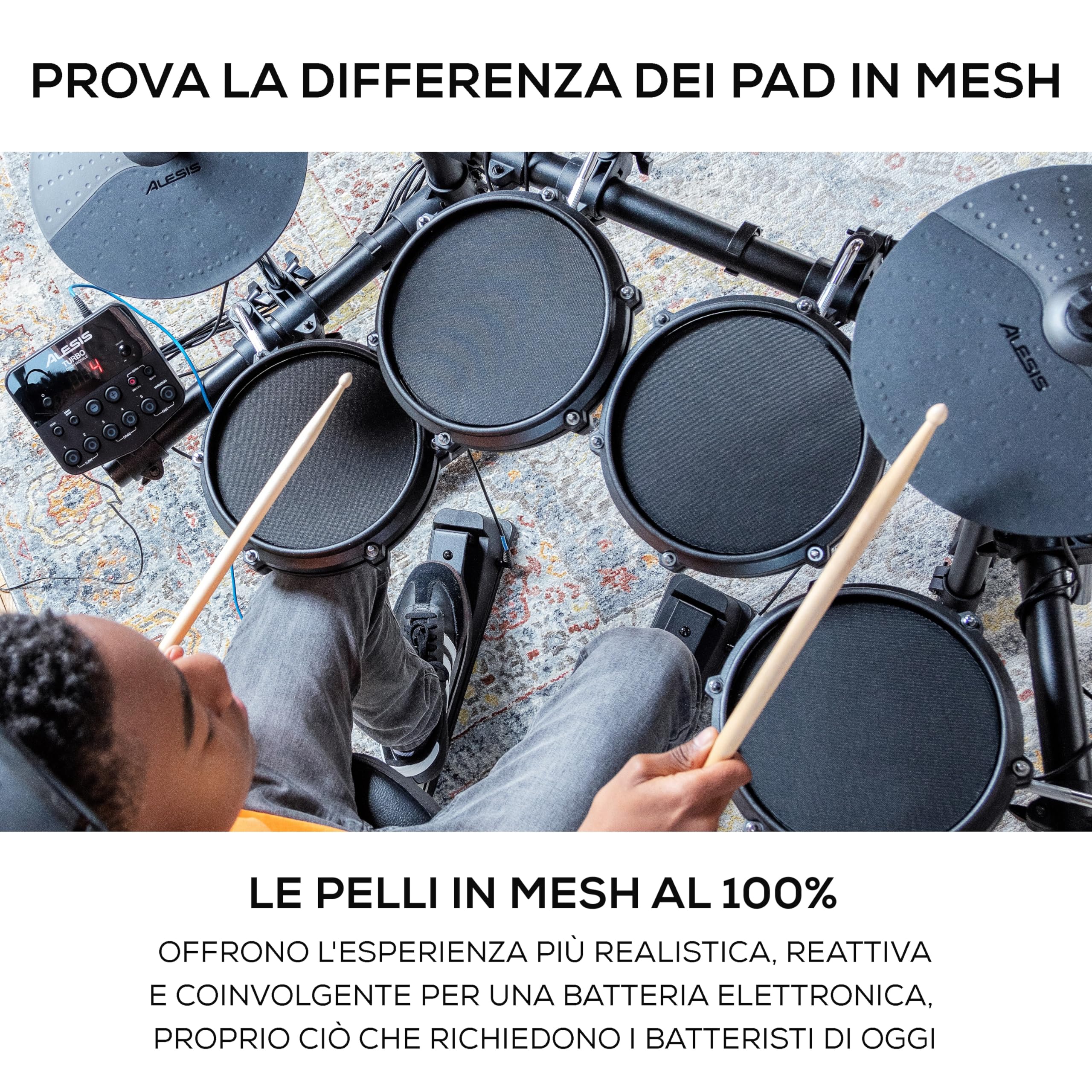 Alesis Turbo Mesh Kit + Drum Essentials Bundle – Batteria Elettronica con Pelli Mesh + Sgabello, Cuffie e Bacchette