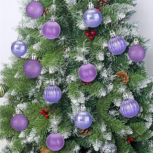 Miniatura 7 de Adornos de bola de Navidad irrompibles de 28 quilates en 4 acabados clásicos para decoración del árbol de Navidad (lavanda, tamaño regular de 2.36