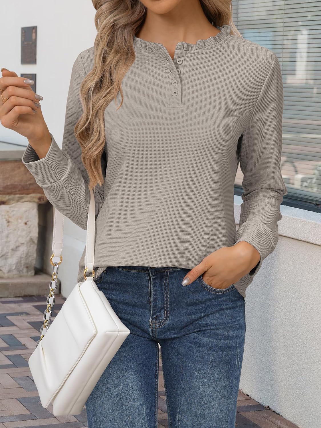 Women's Long Sleeve Henley Tops Casual Waffle Knit Shirts Button Up V Neck Tunic Top Fall Outfit 2025 - Image 2