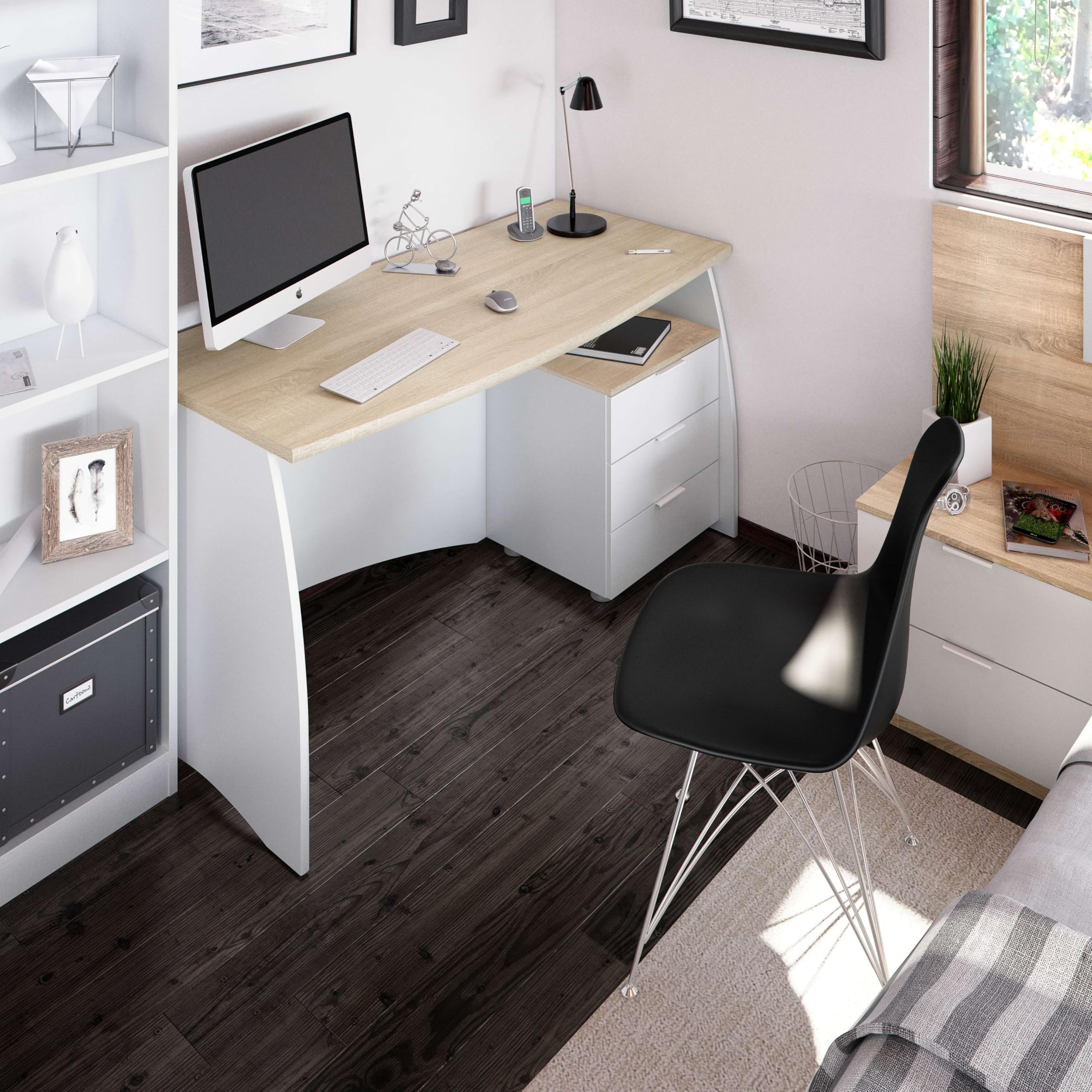 Habitdesign Tavolo da ufficio con 3 cassetti, tavolo da ufficio o studio, modello Stil, finitura in Balnco Artik e Rovere Canadian, dimensioni: 136 cm (larghezza) x 67 cm (fondo) x 74 cm (altezza)