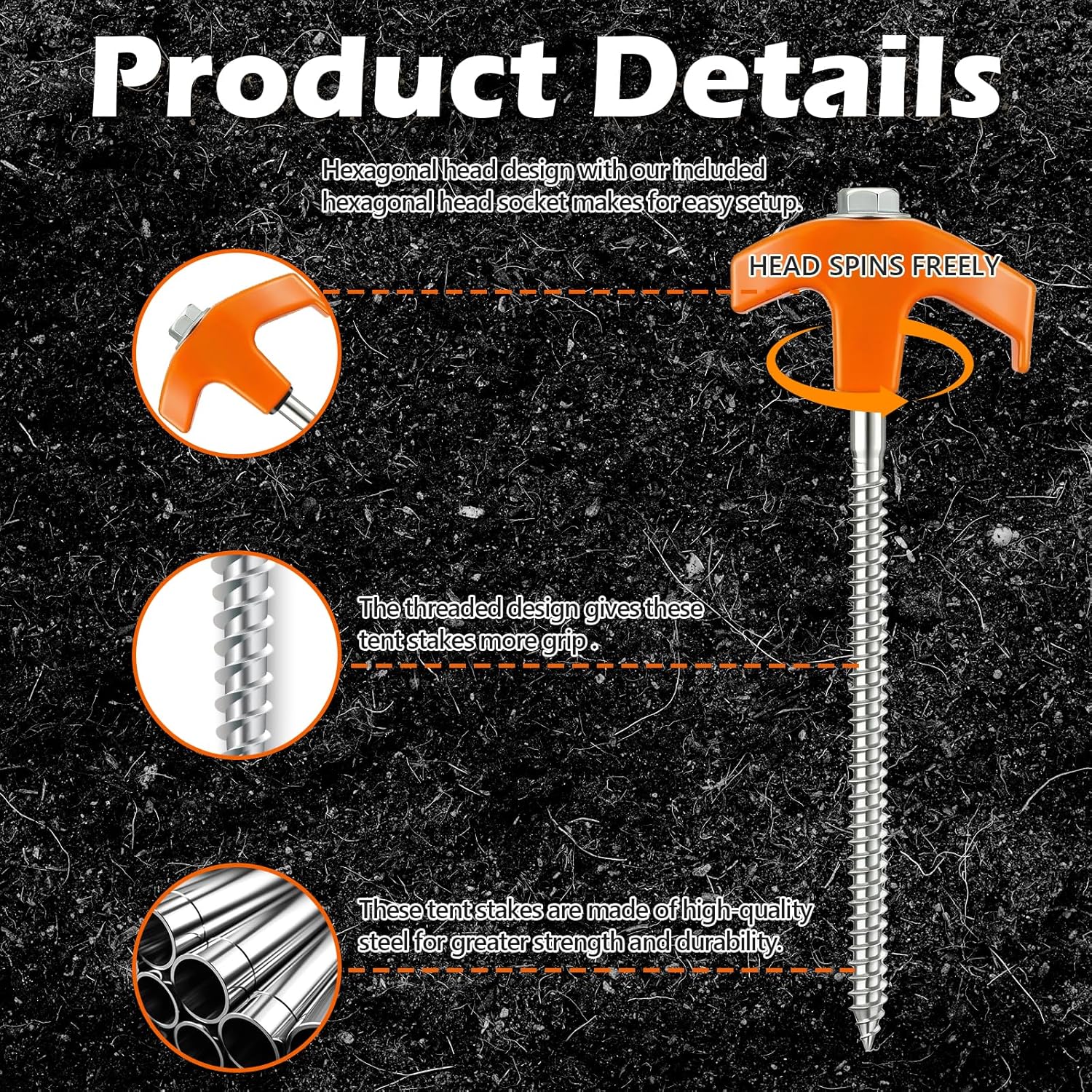 8" Heavy Duty Screw in Tent Stakes, Metal Camping Stakes, Drill-In Ground Anchor, Threaded Stakes for Canopies, Gardening, Yard Inflatables, with Hex Socket and Storage Bag (20, Orange)