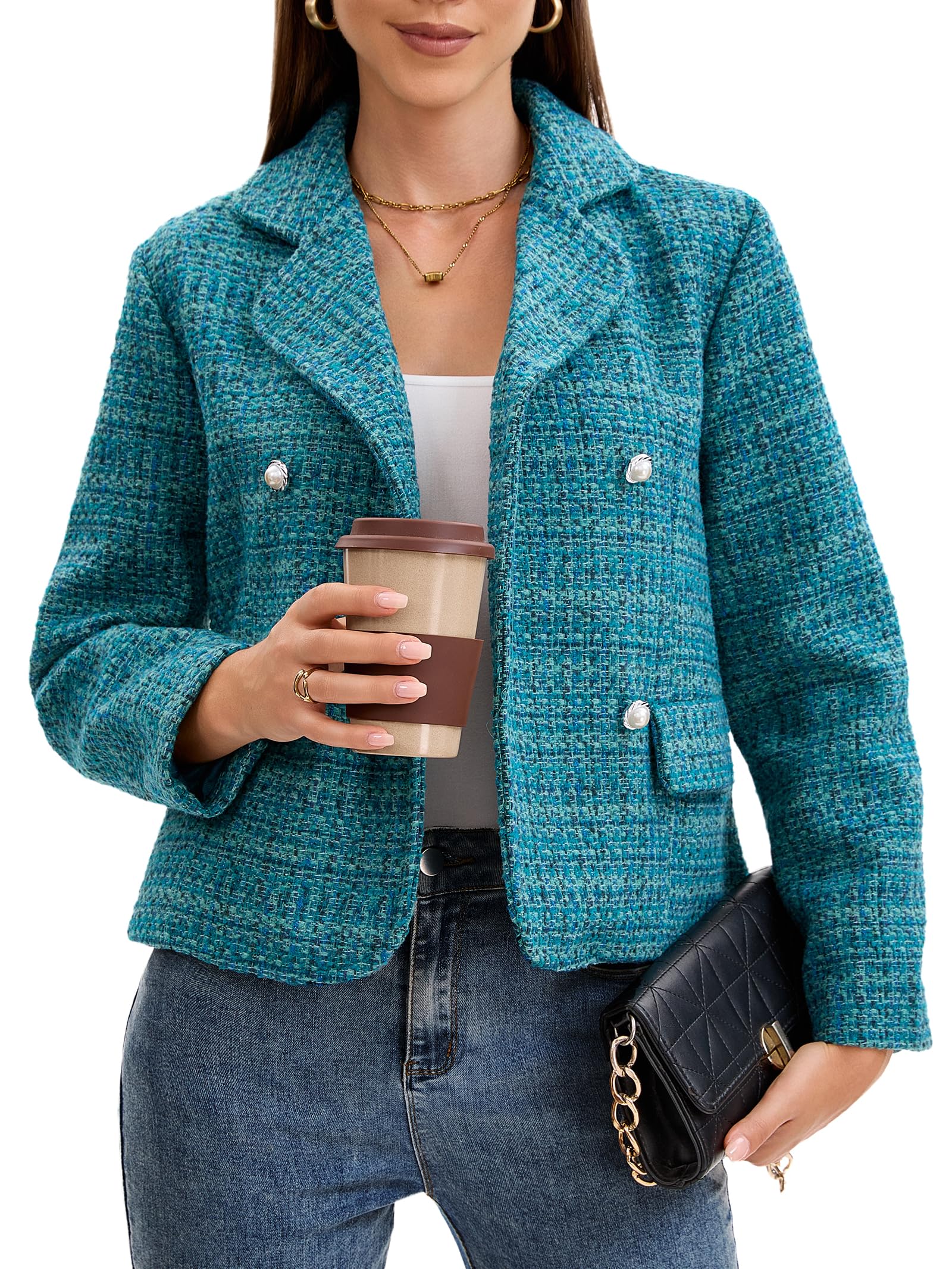 Womens Short Tweed Blazer with Pearl Button Elegant Double Breasted Jacket for Work Casual