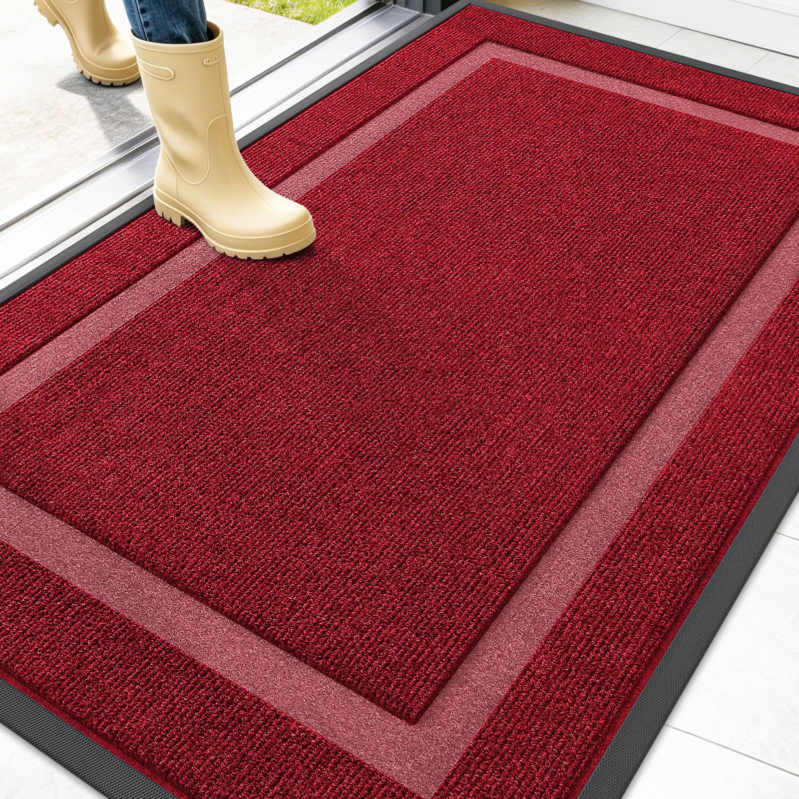 OLANLY Front Door Mat Outside 47x30, All-Season Heavy-Duty Rubber Doormat | Wine Red, Absorbent, Stain and Fade Resistant, Waterproof Non-Slip Backing, Low-Profile Indoor Outdoor Floor Mat for Entryway