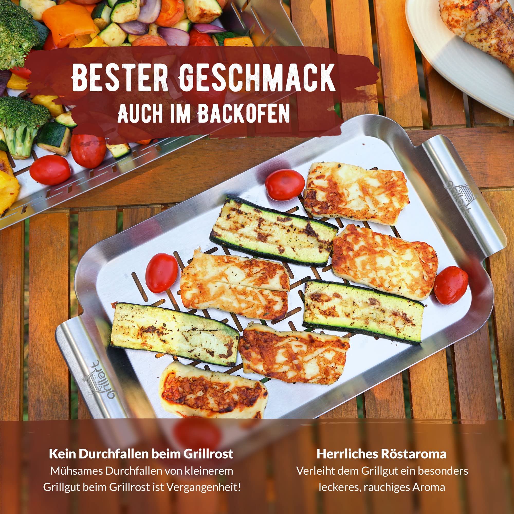 grillart® plat à griller en acier inoxydable de haute qualité utilisable comme panier à légumes, panier à poisson et plat pour brochettes - poêle particulièrement durable