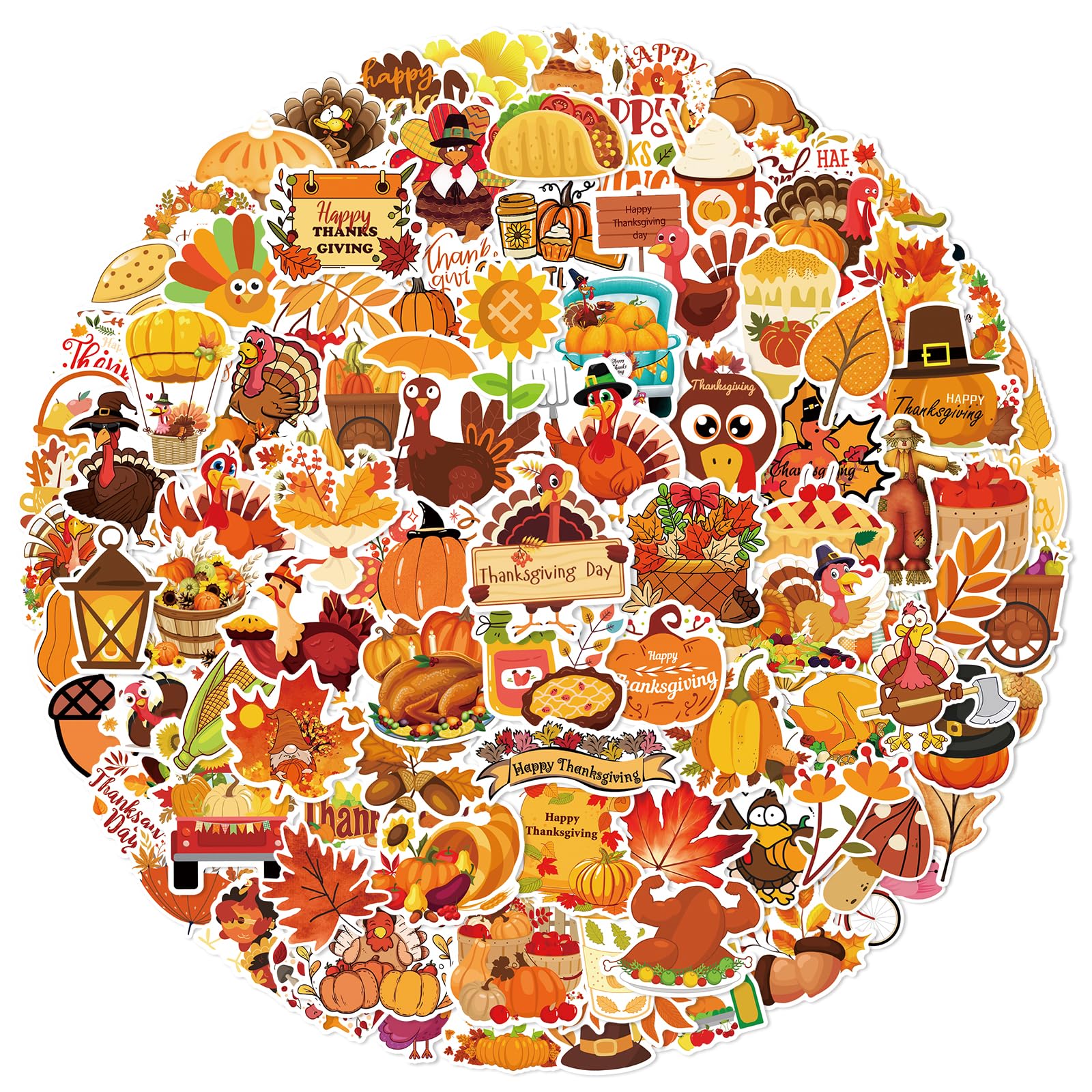 XZENTIRA 101 PCS Thanksgiving Stickers Fall Cute Waterproof Vinyl Gift Stickers for Water Bottles, Cards, Scrapbooking, Happy Thanksgiving Stickers