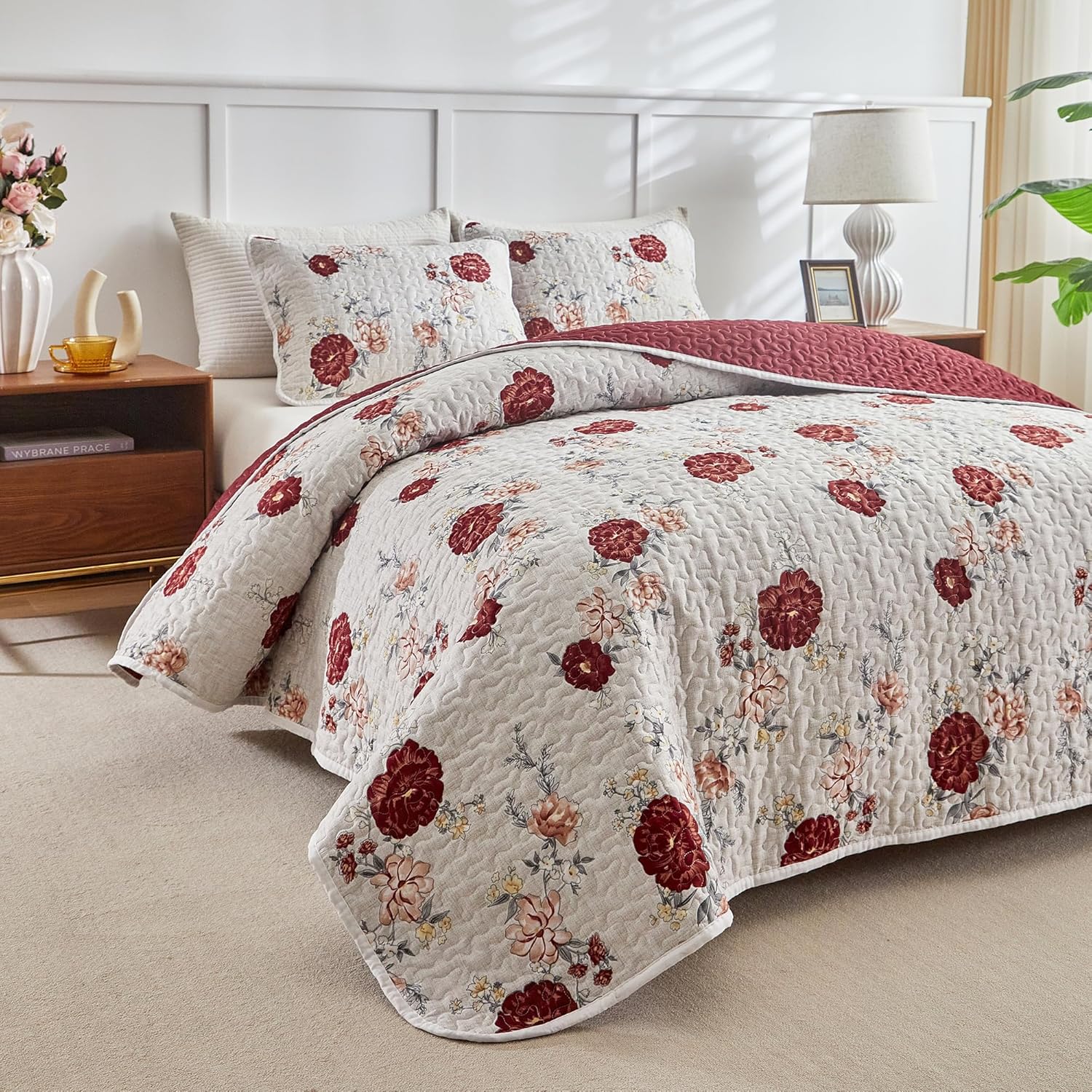 Floral Quilt Set 3 Pieces Queen Size White with Rose Botanical Spring Flower Quilt Bedding Set, Microfiber Lightweight Bedspread, Coverlet Set for All Seasons - Image 5