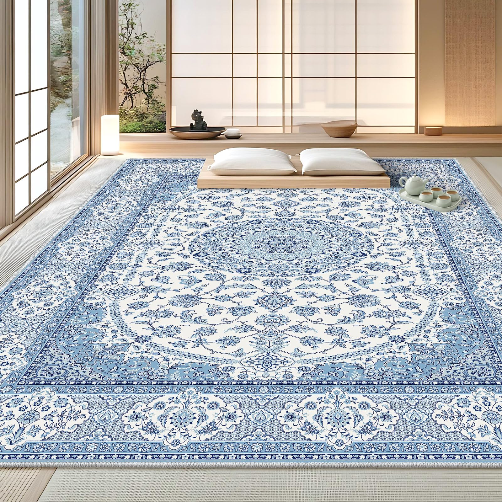 Amazon | FORTSEA 200×250cm 洗えるラグ ペルシャ風 花柄 ブルー 防音