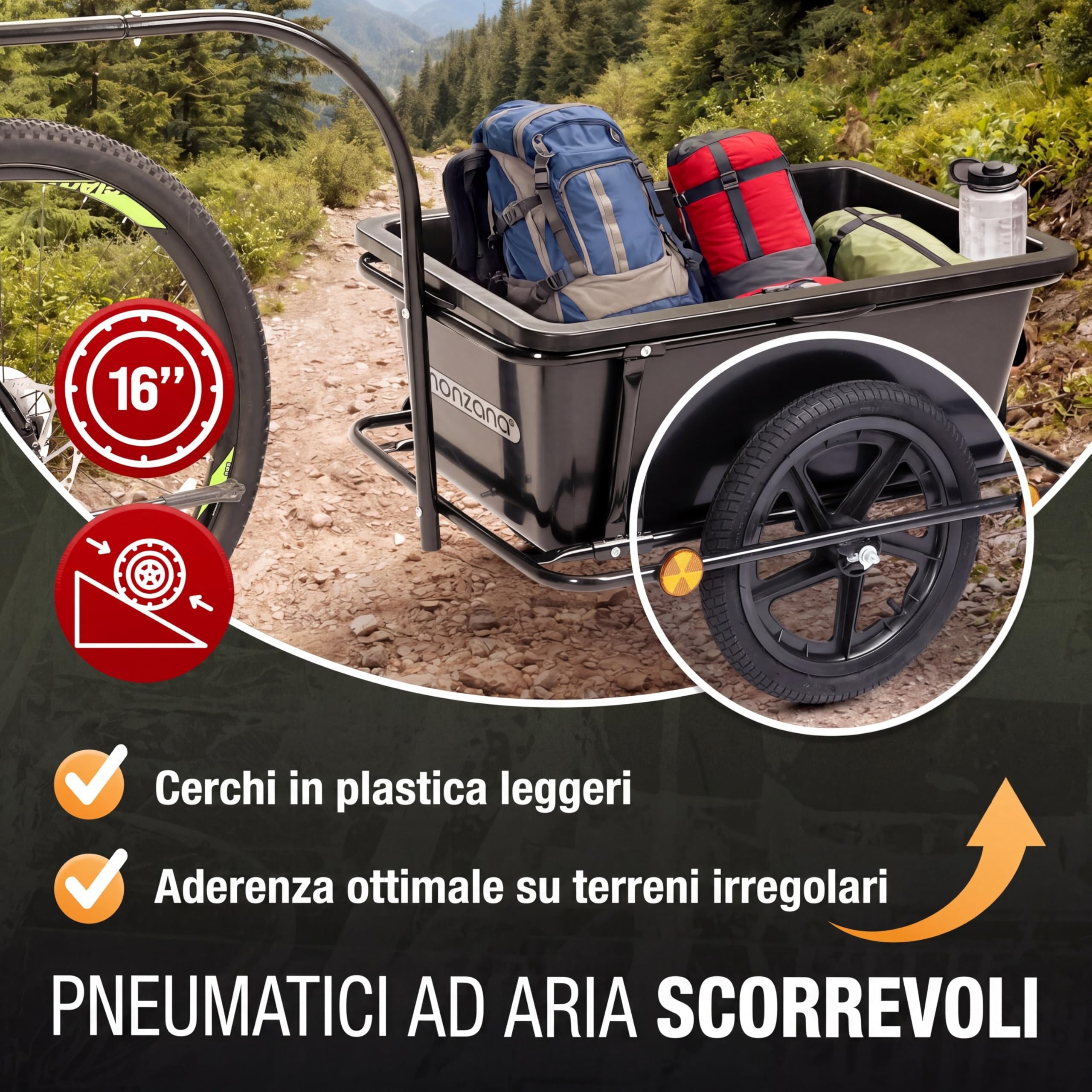 MONZANA® Rimorchio per Biciclette con Cassone in Plastica da 90L Gancio da Carico Carrello Trasporto Viaggi Bici Portaoggetti