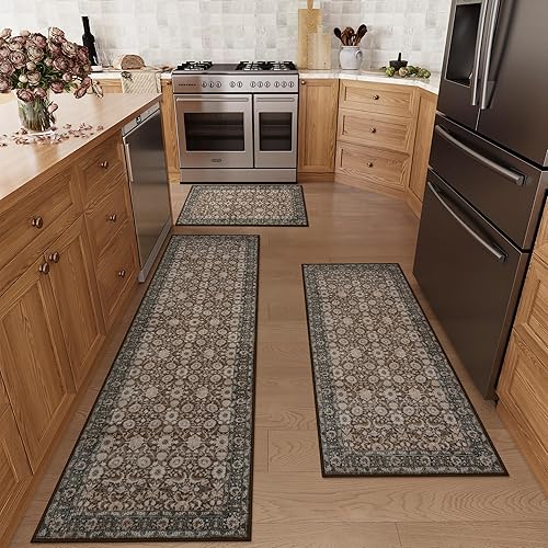 Miniatura 9 de KIMODE Juego de 3 alfombras de cocina, alfombras de cocina bohemias florales antideslizantes, lavables, 20 x 32 pulgadas + 20 x 47 pulgadas + 20 x