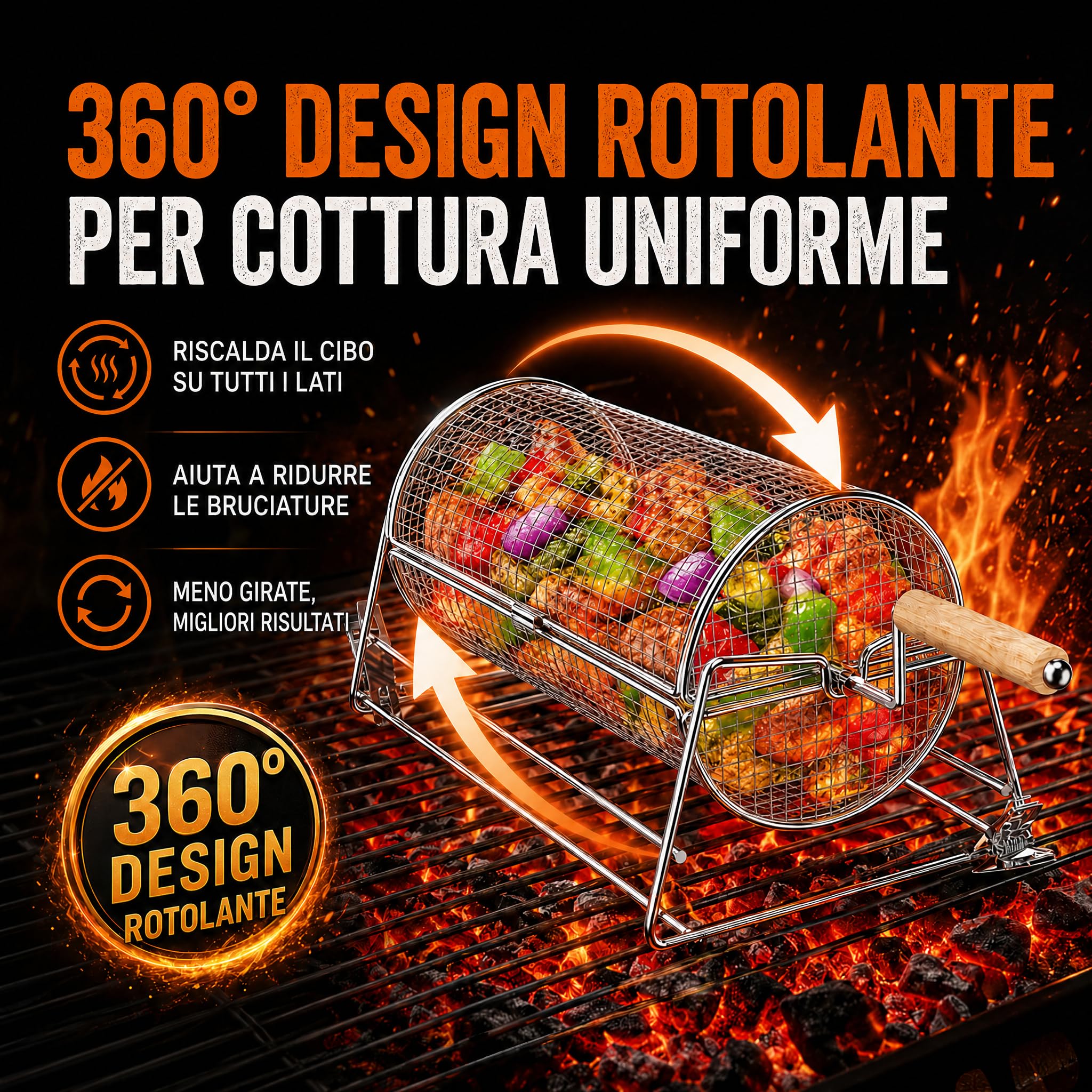2-in-1 Cestello Barbecue Rotolabile Rotante, Acciaio Inossidabile 304 con Doppi Manici Rimovibili, Accessori per Verdure Gamberetti, Idea Regalo Uomo Papà Marito Compleanno Papà Marito Compleanno