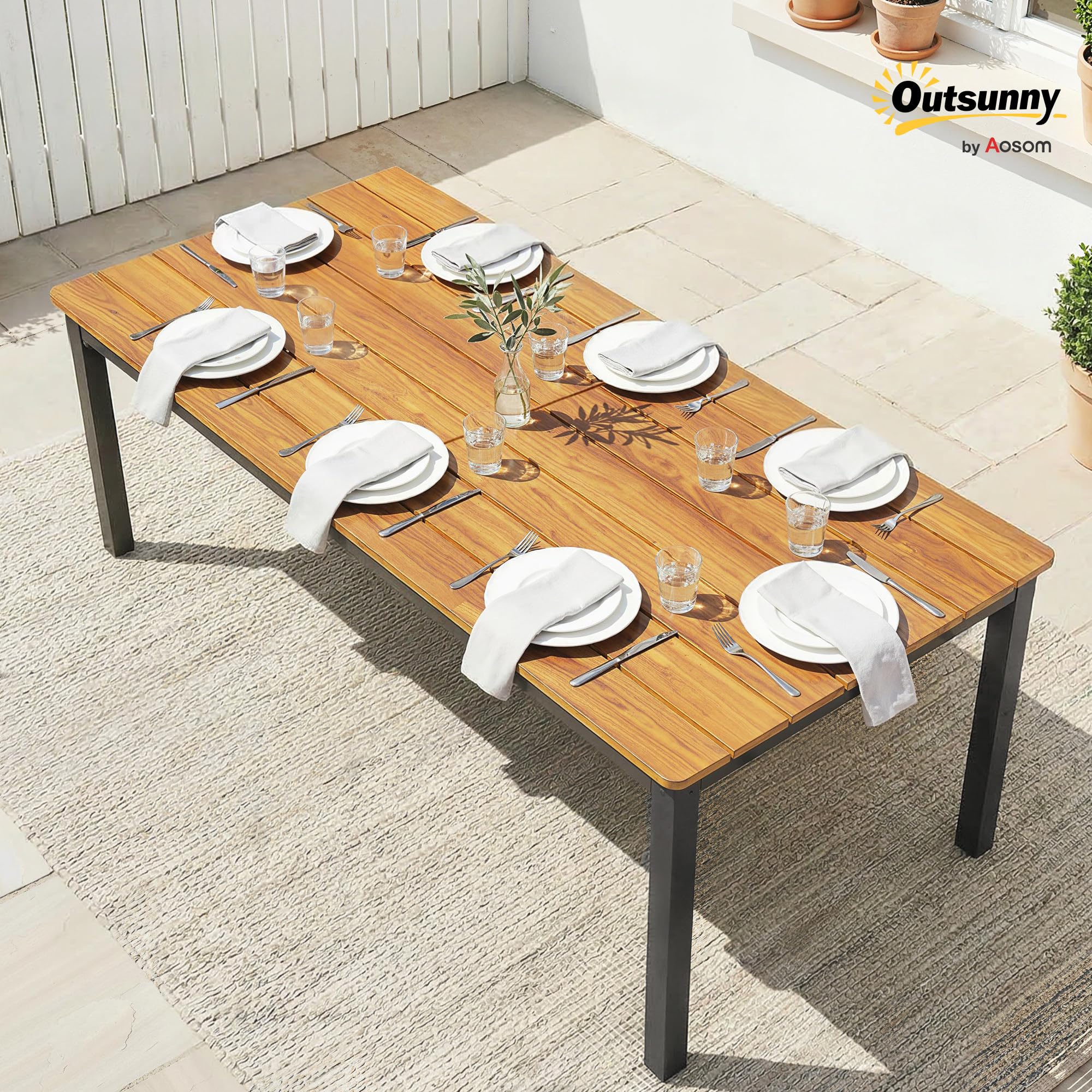 Outsunny Tavolo da Giardino per 6-8 Persone 180x86x74 cm, Tavolo da Pranzo Esterno Rettangolare con Piano a Doghe in Legno di Larice, Struttura in Acciaio per Patio Terrazzo Balcone, Color Teak