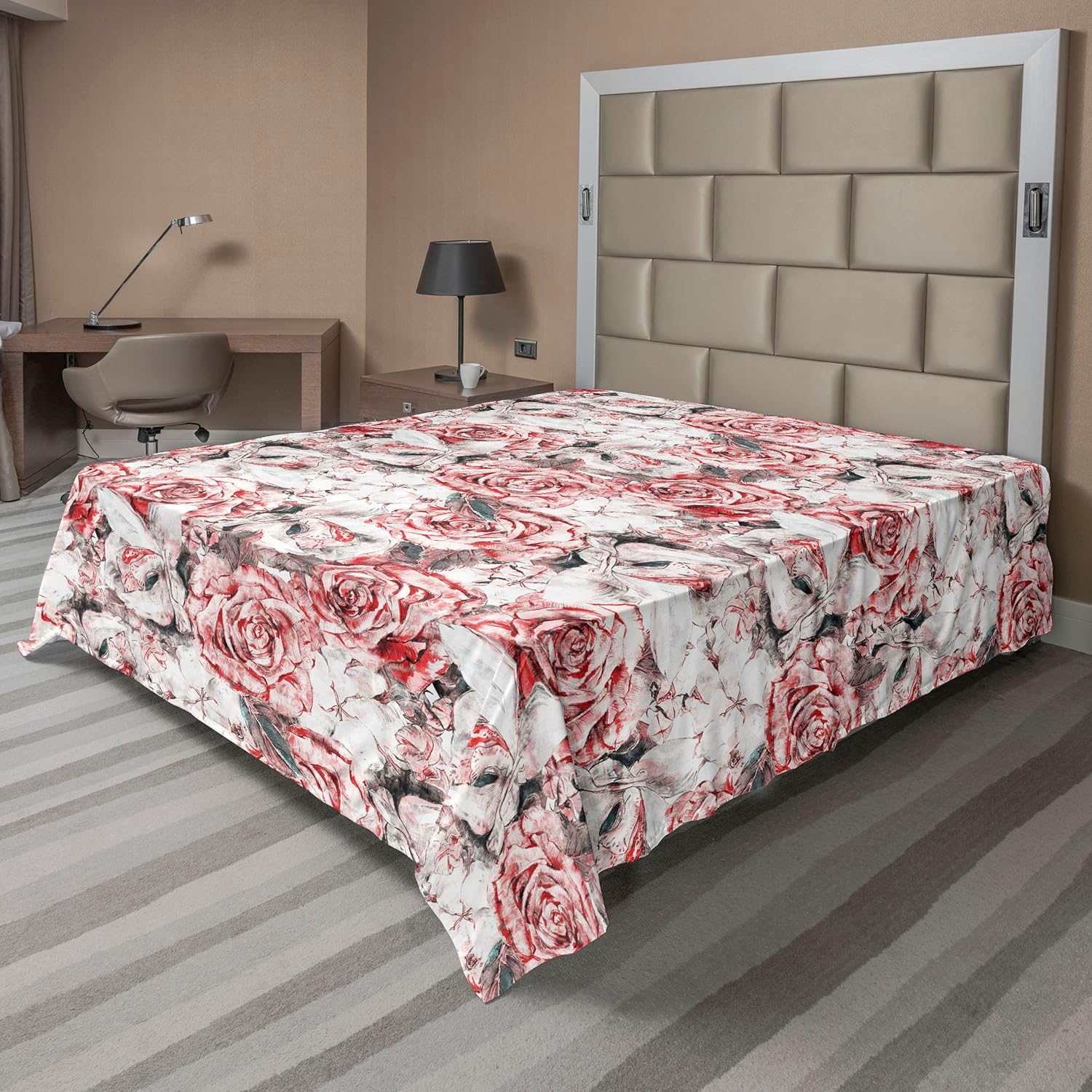 Ambesonne Floral Flat Sheet, Watercolor Design of Spring Flowers Big Petals Orderly Repeated Artwork, Soft Comfortable Top Sheet Decorative Bedding 1 Piece, Queen Size, Violet Blue Dark Coral