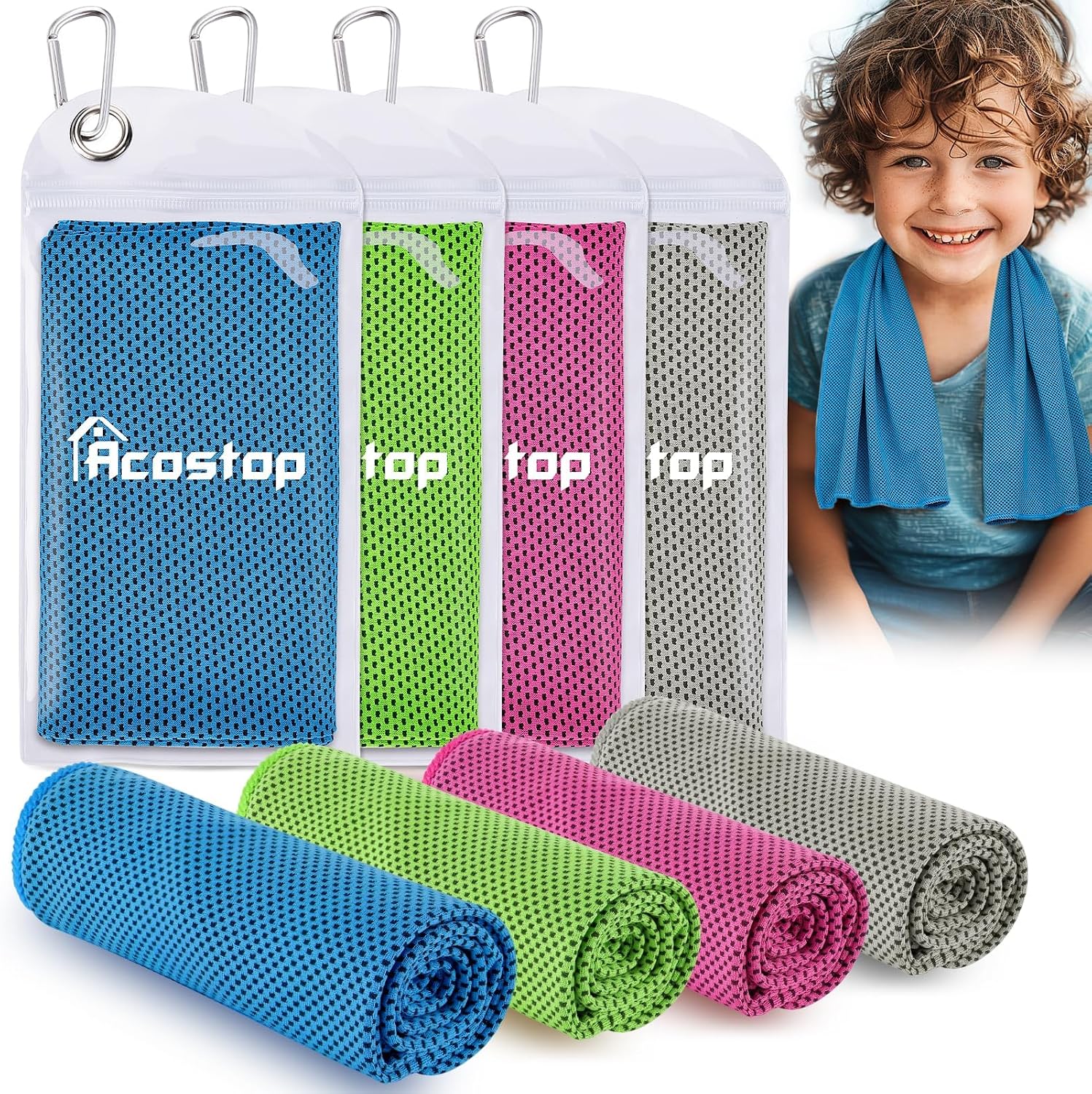 Acostop 4 Pack 9"x30" Breathable Soft Kids Cooling Towels for Hot Weather