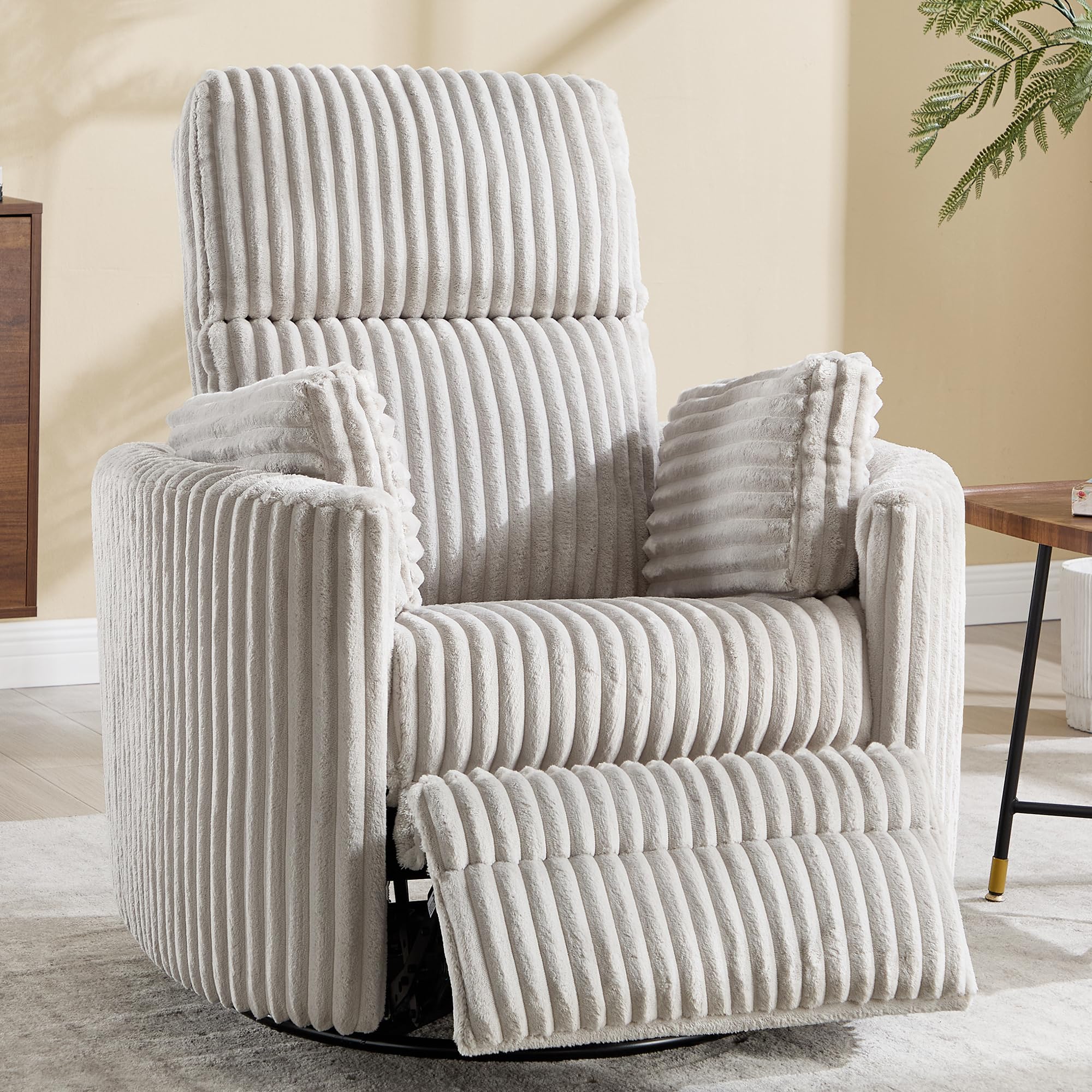 recliner 360°swivel glider rocking chair,upholstered nursery adult rocking chair with 2 pillows for living room bedroom(lightgrey corduroy, manual operation) (incomplete box 2 only arms) 