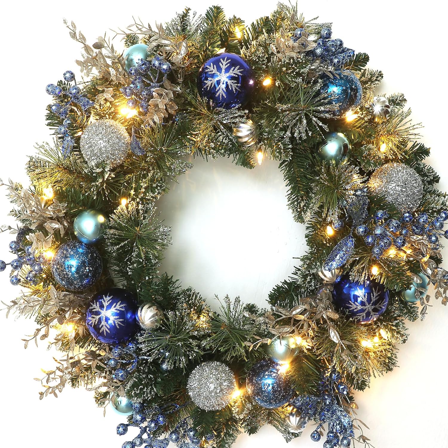 24 Inch Christmas Wreath for Front Door Artificial Christmas Wreath Decor with Blue Ornaments, Silver Berries & Snowflakes, Perfect for Indoor/Outdoor Christmas Holiday Decor
