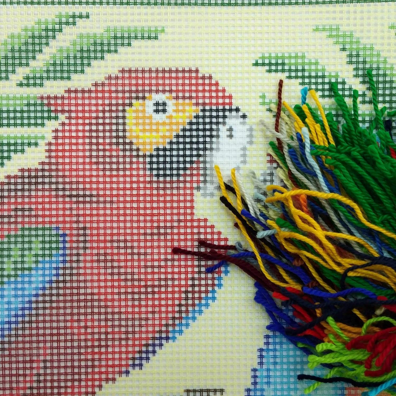 Brvsk Floral Needlepoint Kit for Adults and Beginners — Two Parrots 16″ × 16″ with Clear, Precise Printed Design on Cotton Canvas; Includes 2 Needles, Yarn, and Easy-Read Chart