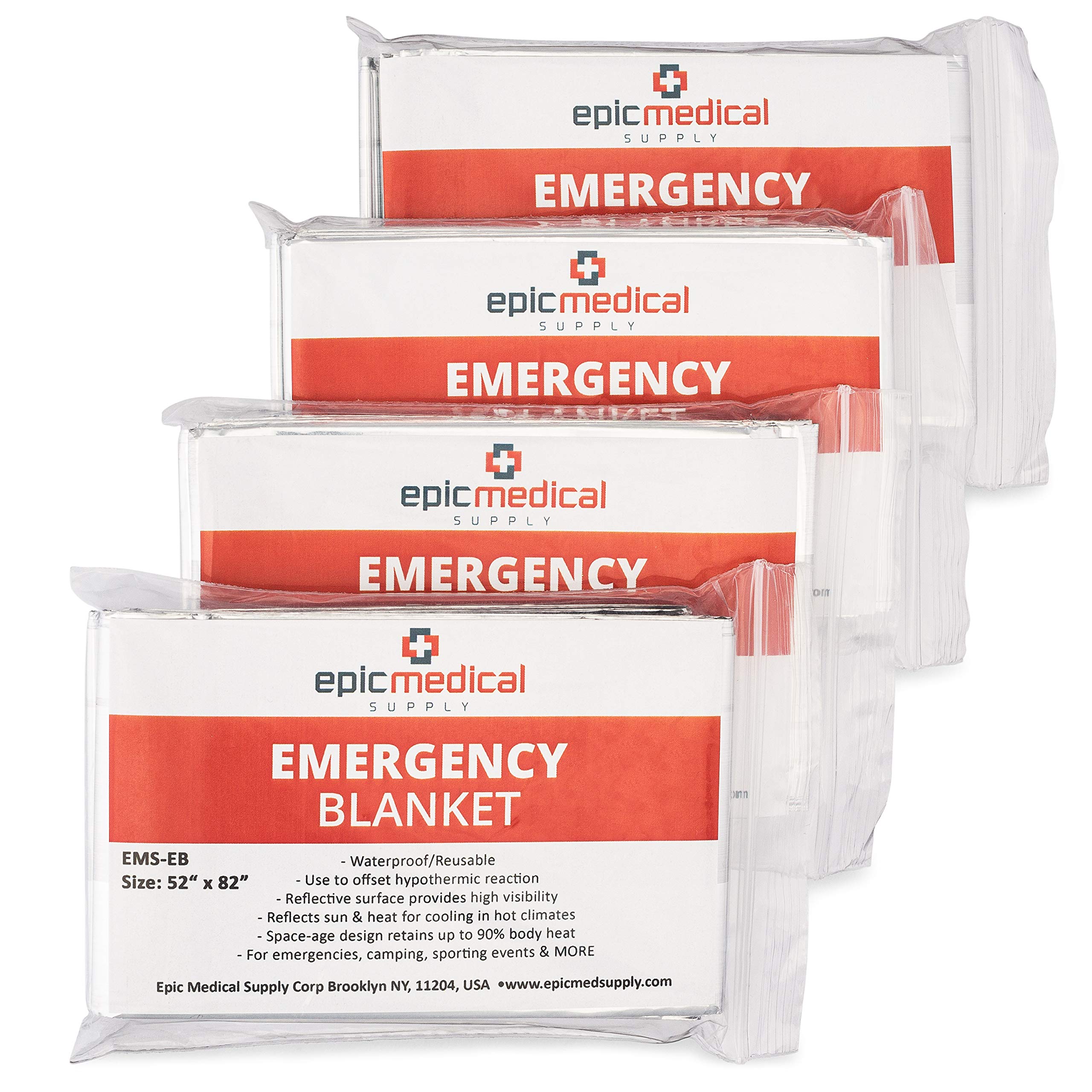 Epic Medical Supply Emergency Mylar Thermal Blankets 4-Pack Great for Survival, Outdoors, Hiking, Marathons, First Aid Kits