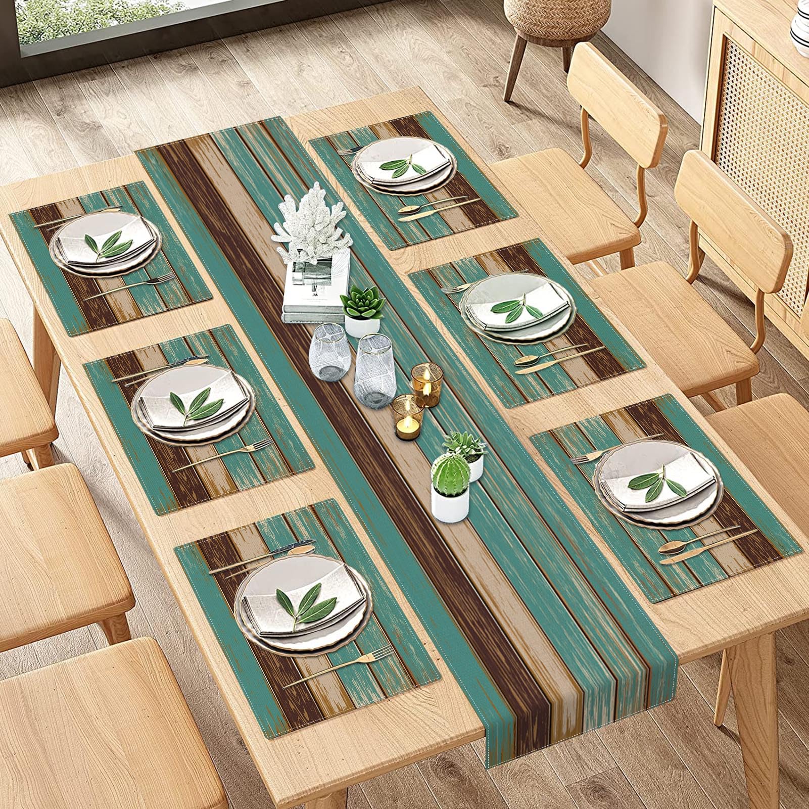 ArtSocket Farmhouse Table Runner And Placemats Set Of 6 Abstract Blue Grey Gray Vintage Painting Art Dining Table