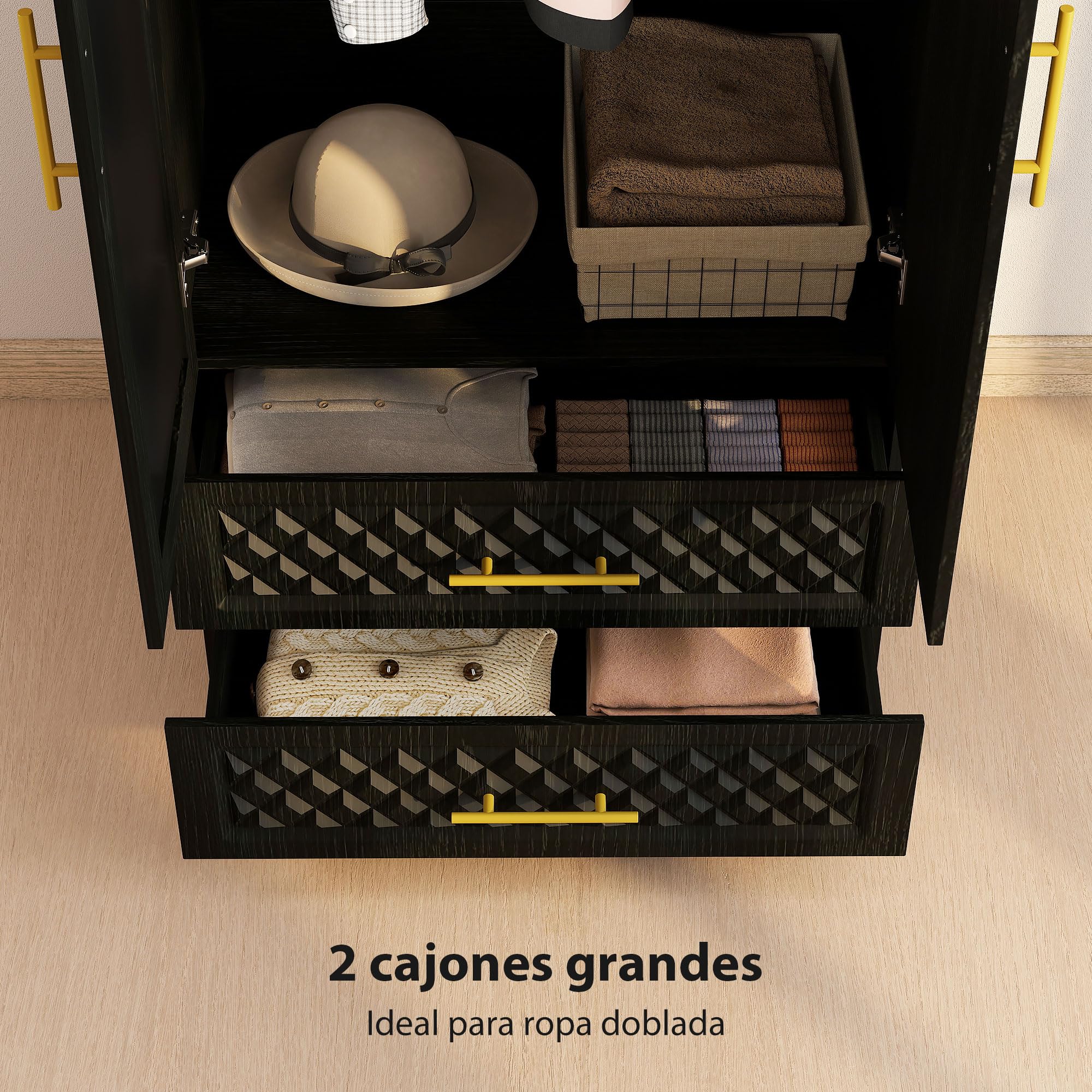 HOMCOM Armario Dormitorio 2 Puertas y 2 Cajones Espejo 80x50x180 cm Negro