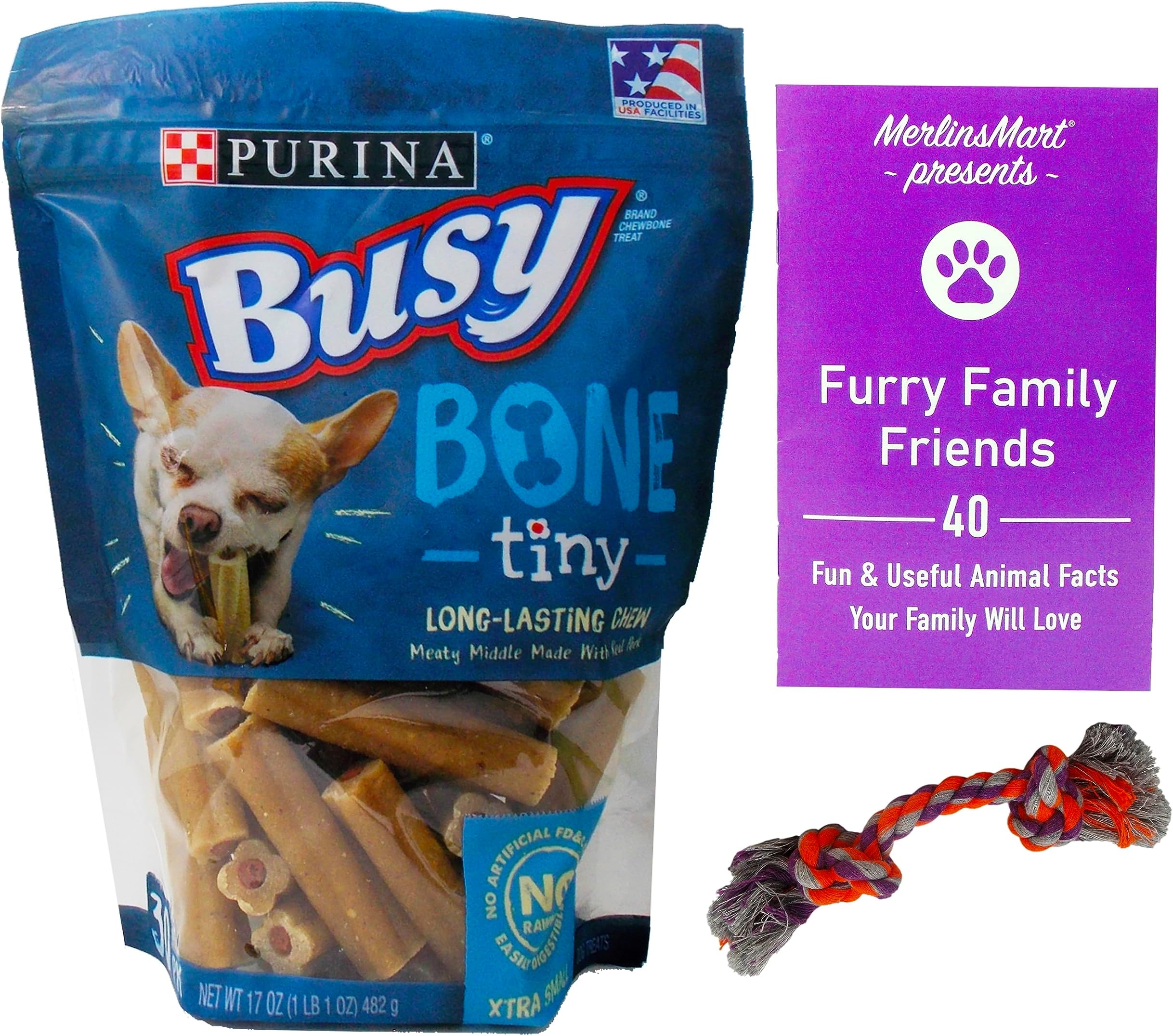 Zine Bundled with Busy Bone Long Lasting Chews | Tiny Snacks for Small Pups (30 Count) | Plus Rope Toy