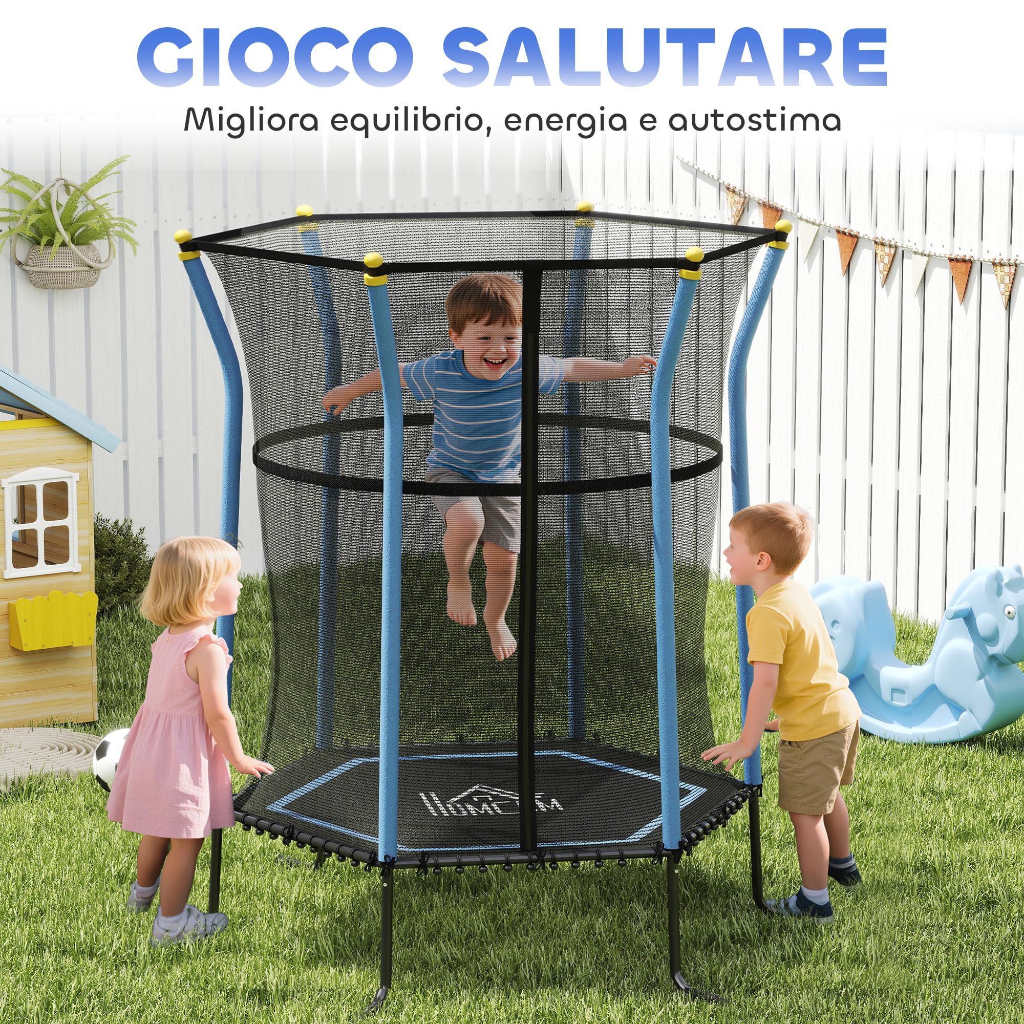 HOMCOM Trampolino Elastico per Bambini 3-10 Anni con Ingresso a Cerniera e Pali Imbottiti, Tappeto Elastico in Acciaio, PP e EPE, Ø163.5x163.5/190 cm