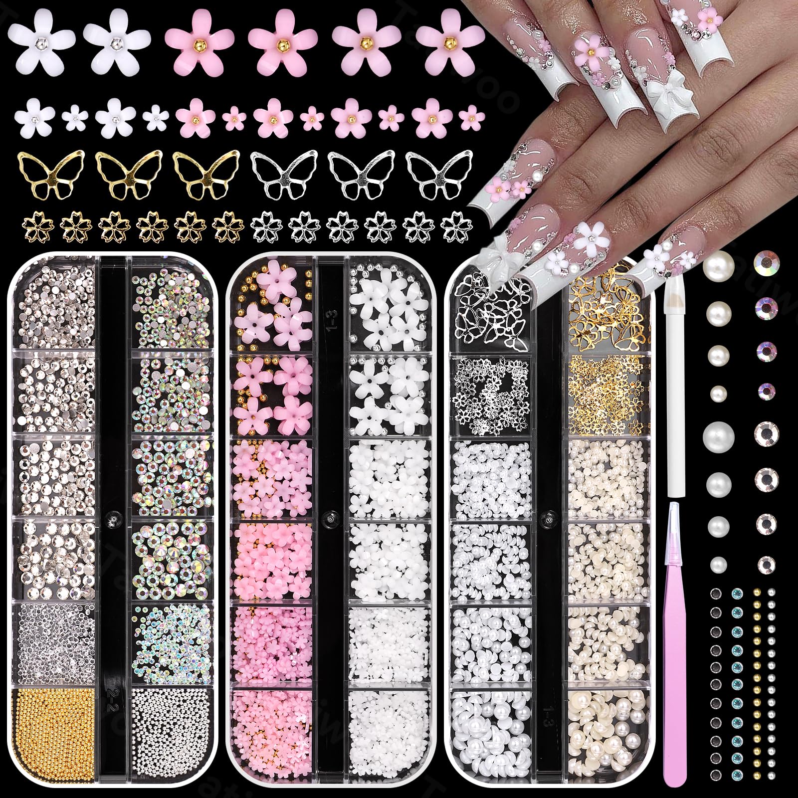 3 Boxes Blossom Flower Nail Charms and Gems, Mixed Sizes Tiny Flowers for Nails White Pink Flowers Nail Art Charms, Half Pearls Caviar Beads Gems
