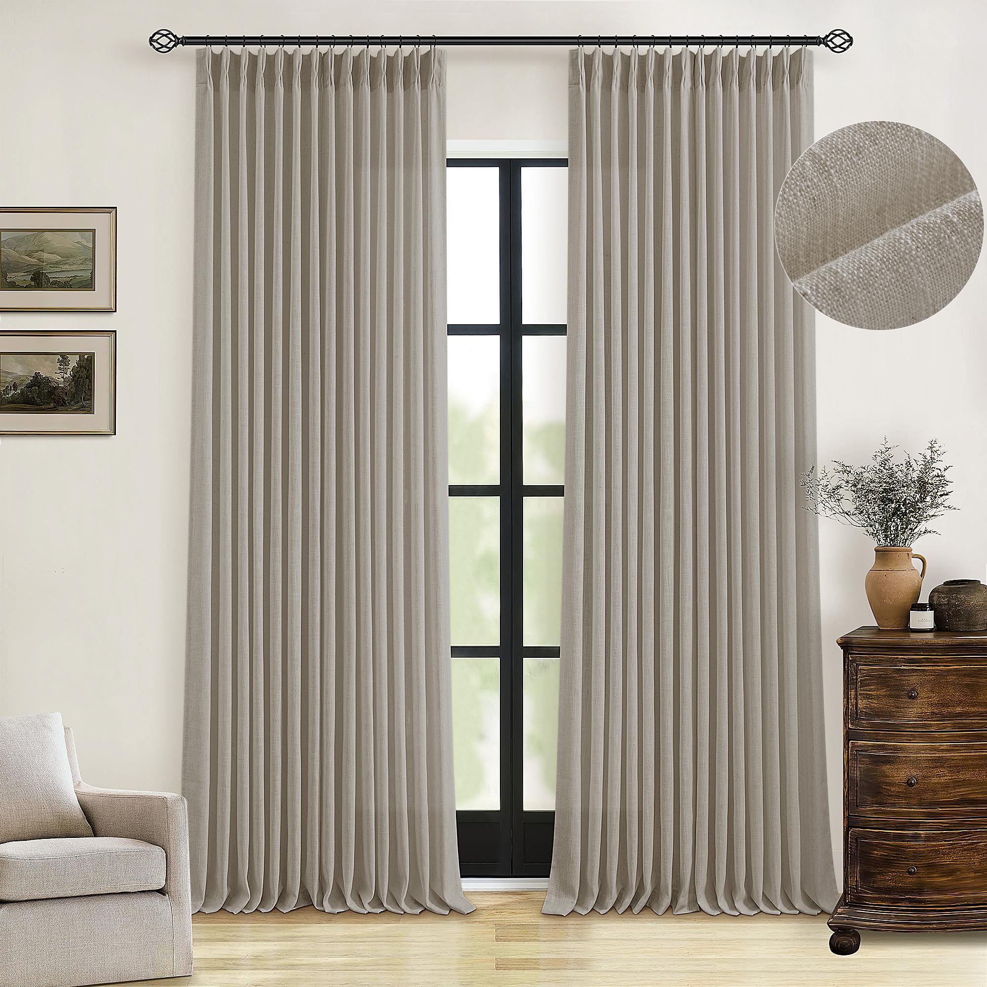 Taupe Burlywood Pinch Pleated Linen Curtains 96 Inches Long for Living Room Bedroom 2 Panels Light Filtering Pinch Pleat Hooks Rings Back Tab Neutral Country Farmhouse 96 Inch Window Curtain Drapes