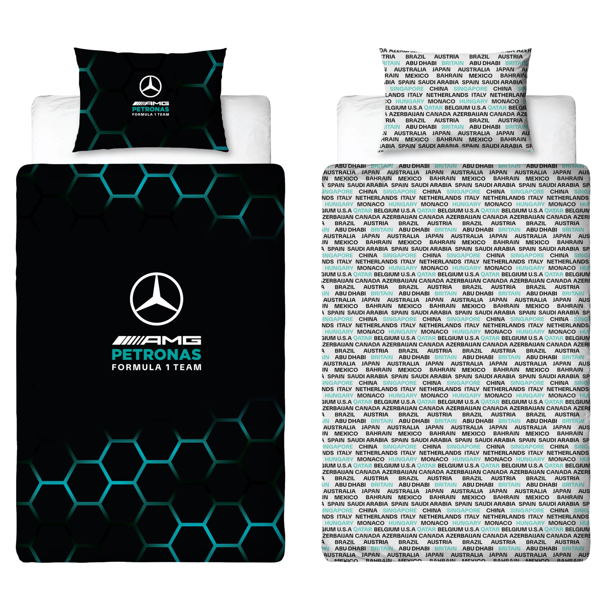 Mercedes AMG Petronas Official Single Duvet Cover Set, Ridge Design | Blue Reversible 2 Sided Formula 1 Bedding Cover Official Merchandise Including Matching Pillow Case | Polycotton