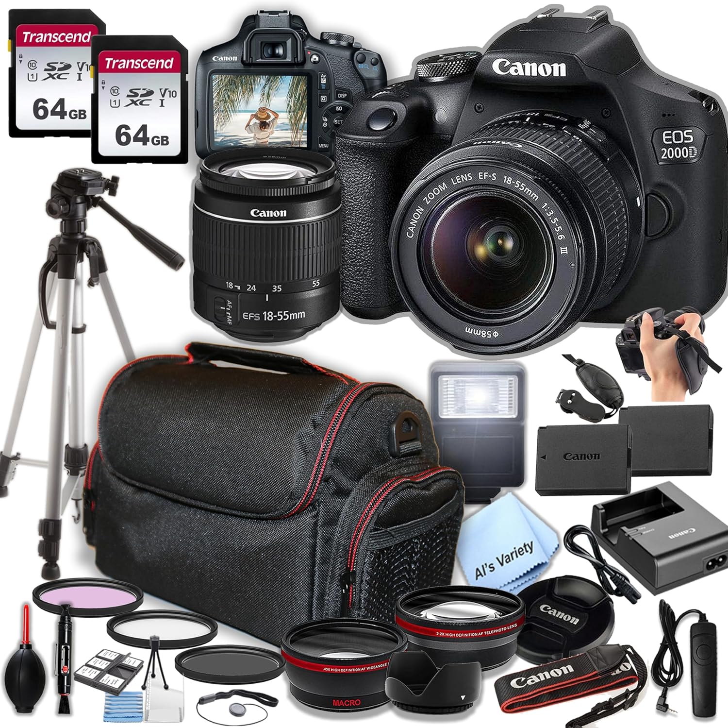 Canon EOS 2000D (Rebel T7) DSLR Camera with 18-55mm Lens Bundle, 2X 64GB Memory Cards, Case, Tripod, Filter Kit, Remote Shutter, Wide Angle, and Telephoto Auxiliary Lenses - Photography Kit (Renewed)