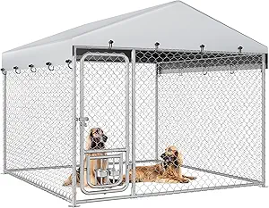 YITAHOME Outdoor Dog Kennel with Rotating Feeder Bowls, 7.5'x7.5' Outdoor Dog Enclosure with Roof, Heavy Duty Dog Cage for Medium Large Dogs