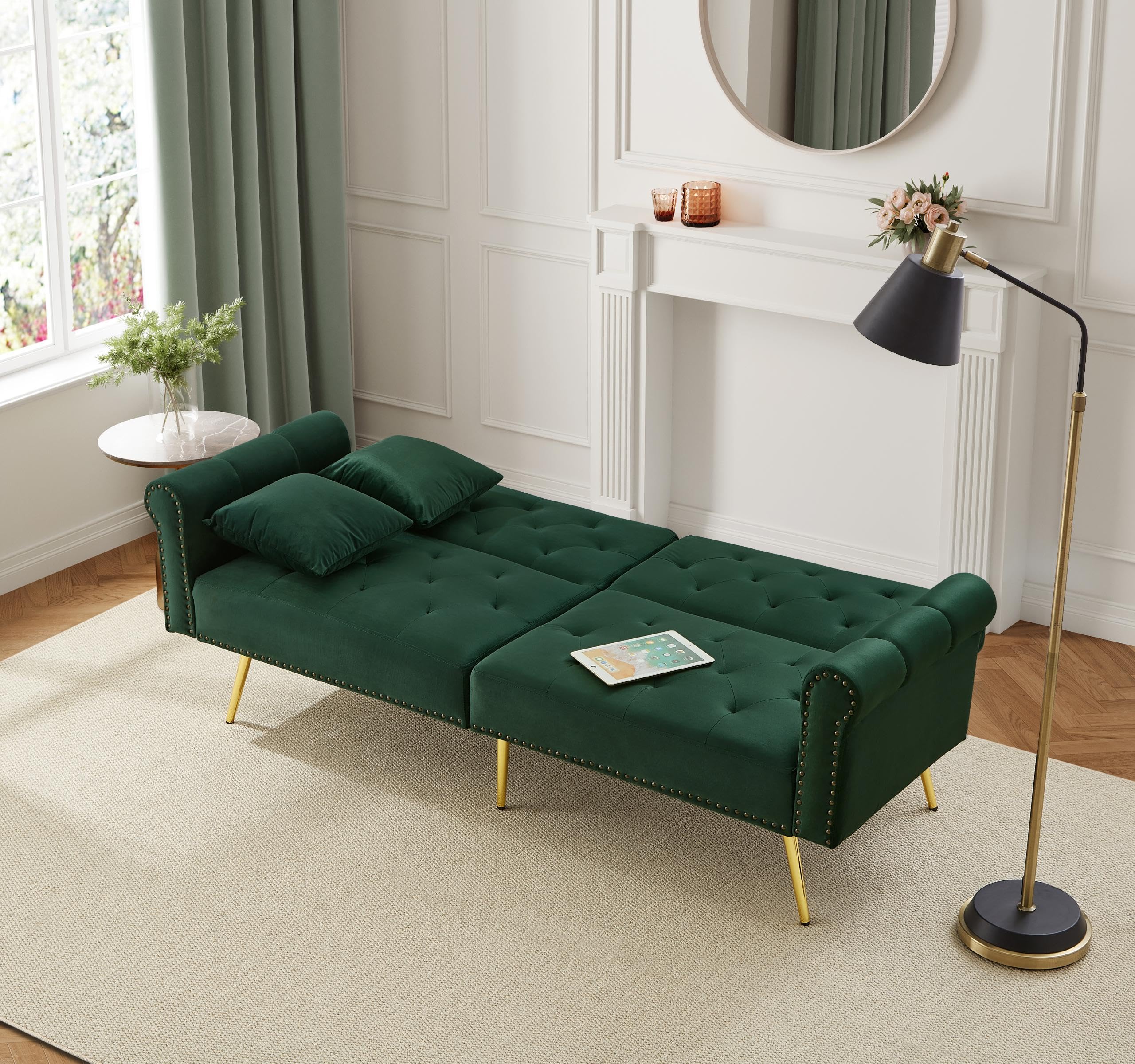Nowoczesna 2-osobowa sofa z funkcją spania – aksamitne obicie, oparcie z 3-stopniową regulacją i pozłacanymi metalowymi nóżkami, stylowa sofa z funkcją spania – zajmuje mało miejsca, obciążenia
