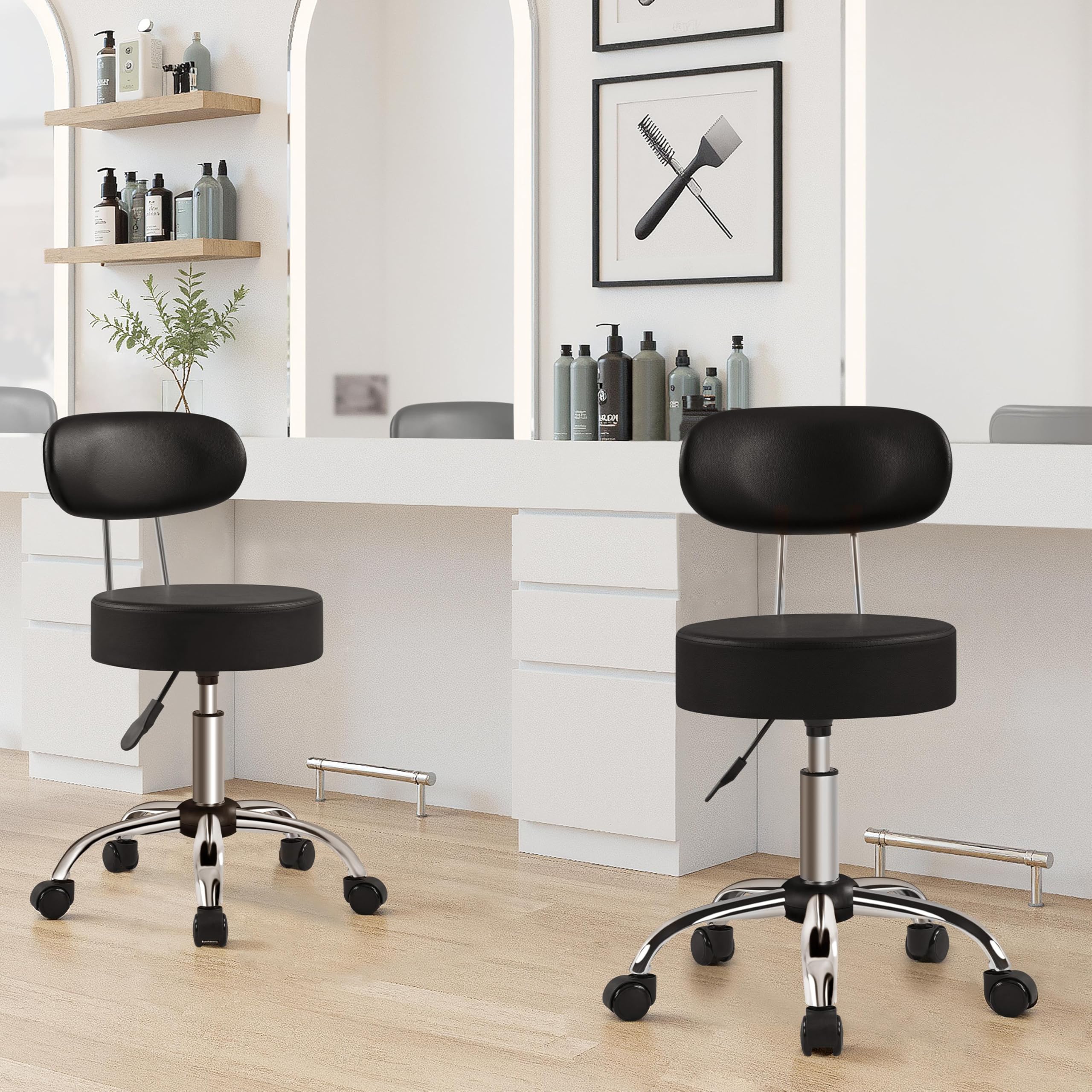 Yaheetech Taburete de Peluquería, Silla de Peluquería, Taburete Alto con Respaldo, Altura Regulable, Giratorio 360º, para Manicura, Pedicura, Tatuajes Negro