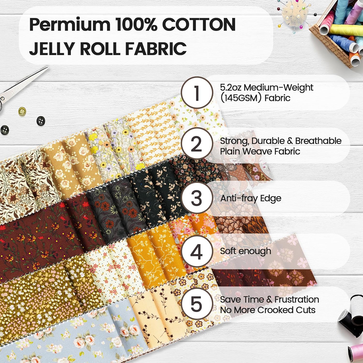Craftido-18 Options-100% Cotton Jelly Roll Fabric Precut Strips for Quilting, Crafting, and Sewing, 40 Strips 2.5" x 44" Assorted Bundles for Rug, Quilt Project, DIY Craft and Home Decor-Autumn Bounty