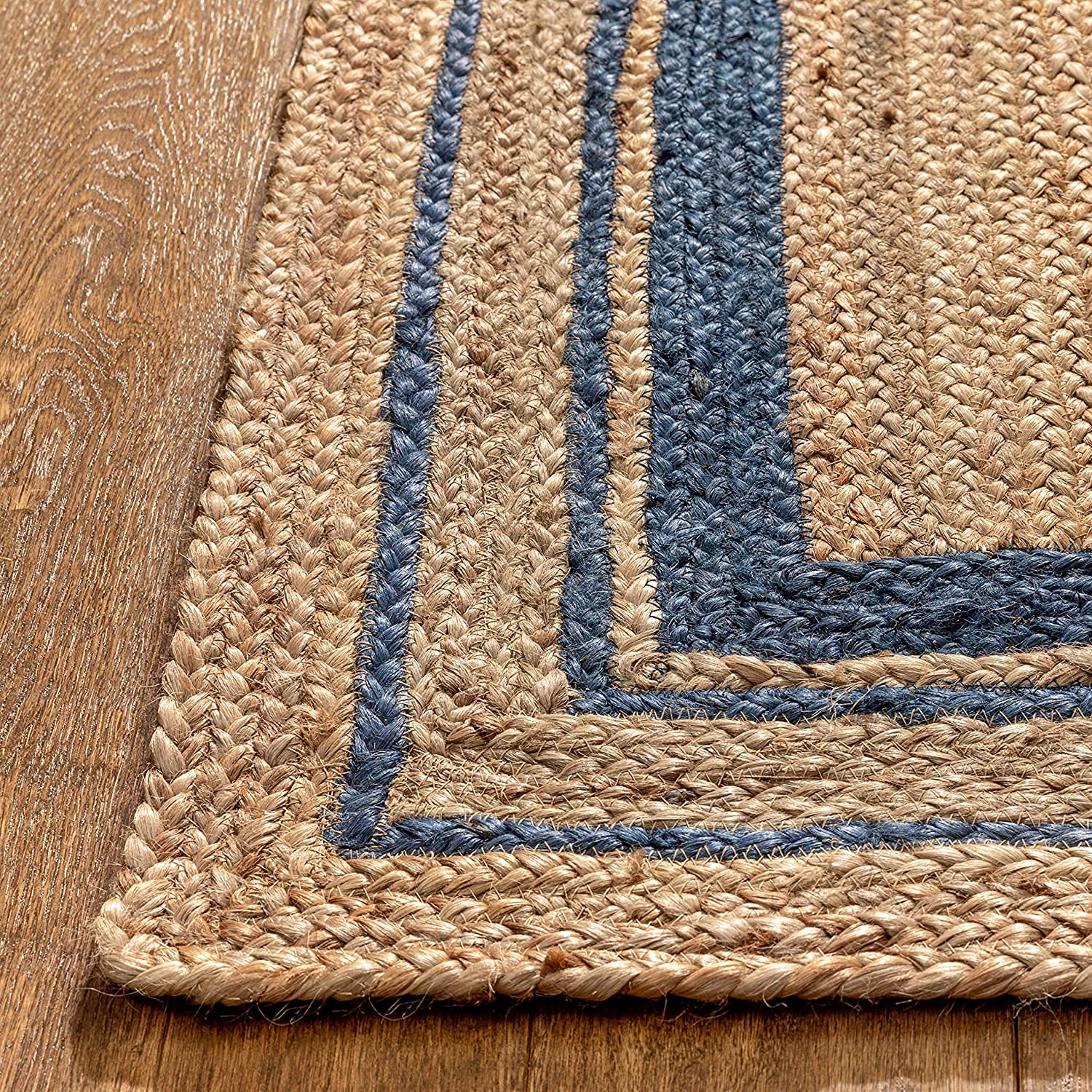 Ripaz Tapis carré tissé à la Main avec Ligne Bleue en Jute Naturelle tressée pour Salon (150 x 150 cm)