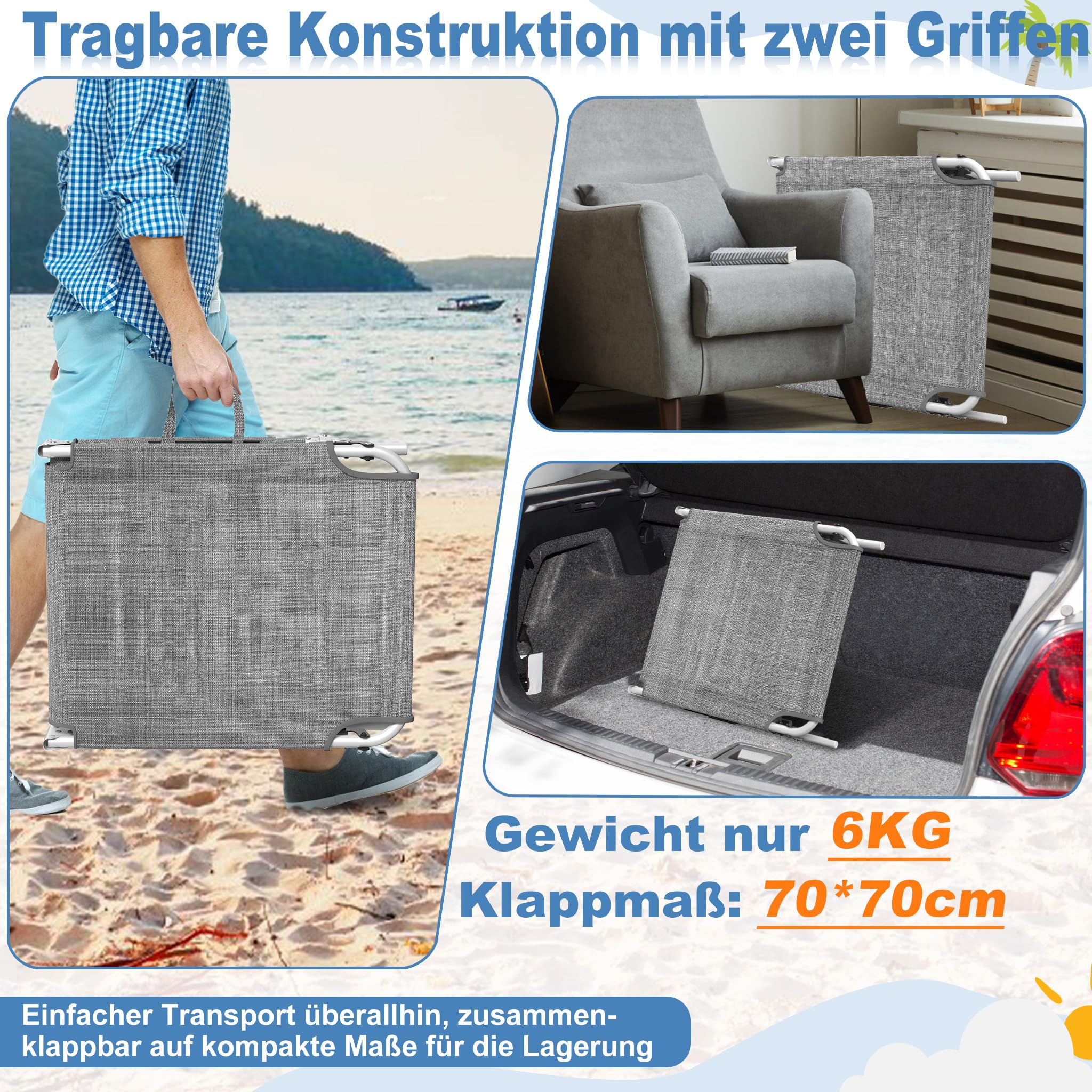 FIVMEN Sonnenliege mit Dach Strandliege Gartenliege Klappbar mit Kopfkissen & Seitentasche & Verstellbare Rückenlehne Sonnenschutz Liegestuhl Gartenstuhl Relaxliege für Strand Garten, Grau