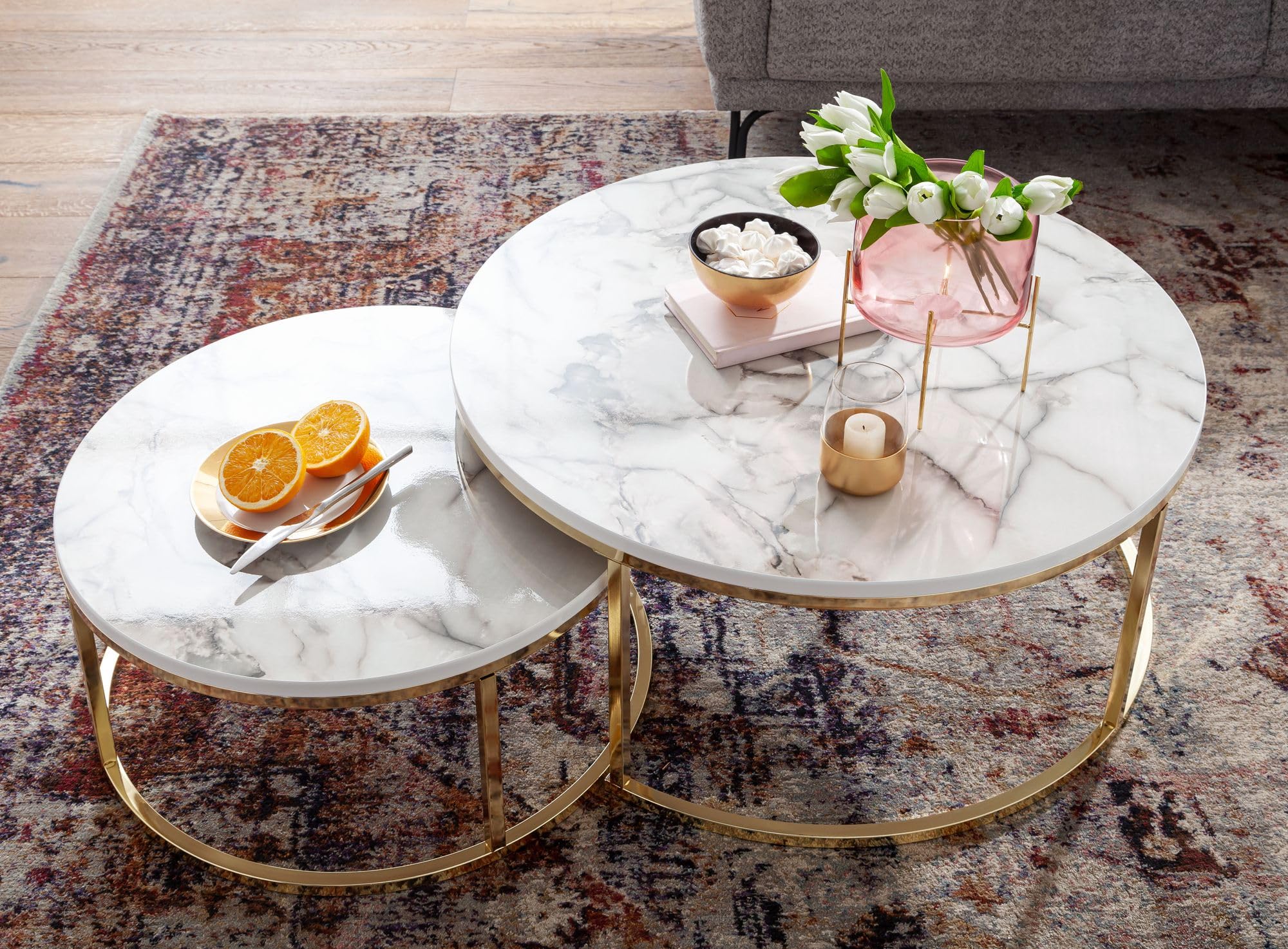 Tavolino Da Caffè In Pietra Sinterizzata - Design Moderno Con Struttura Oro, 40x40x54cm - Foto 6