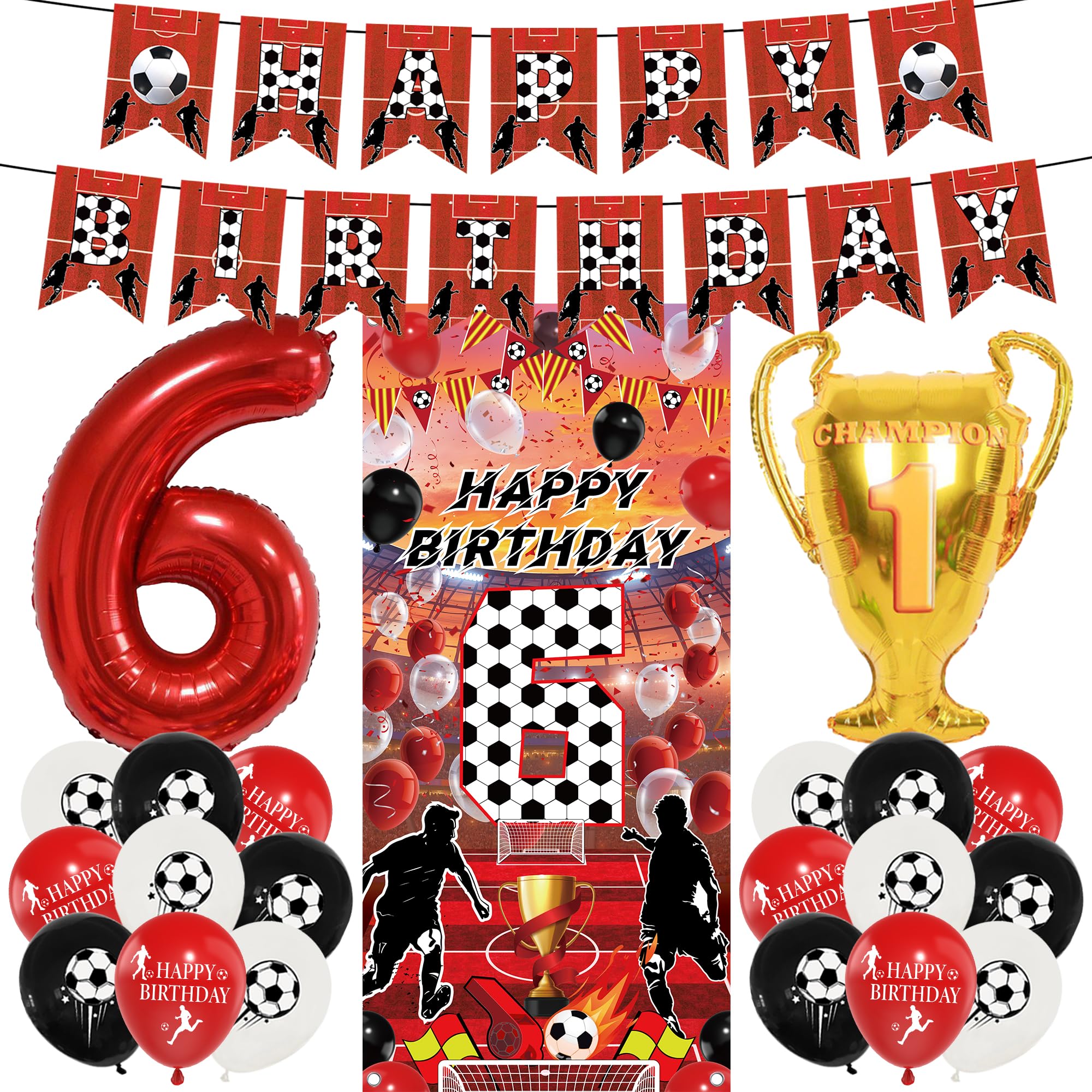 Football 6th Birthday Decorations Banner - 23 Pcs Pre-Strung Red Silver Birthday Banner Number Trophy Balloons Sports Backdrop Door Decor For Kids Boys 6 Year Old Football Themed Party Supplies