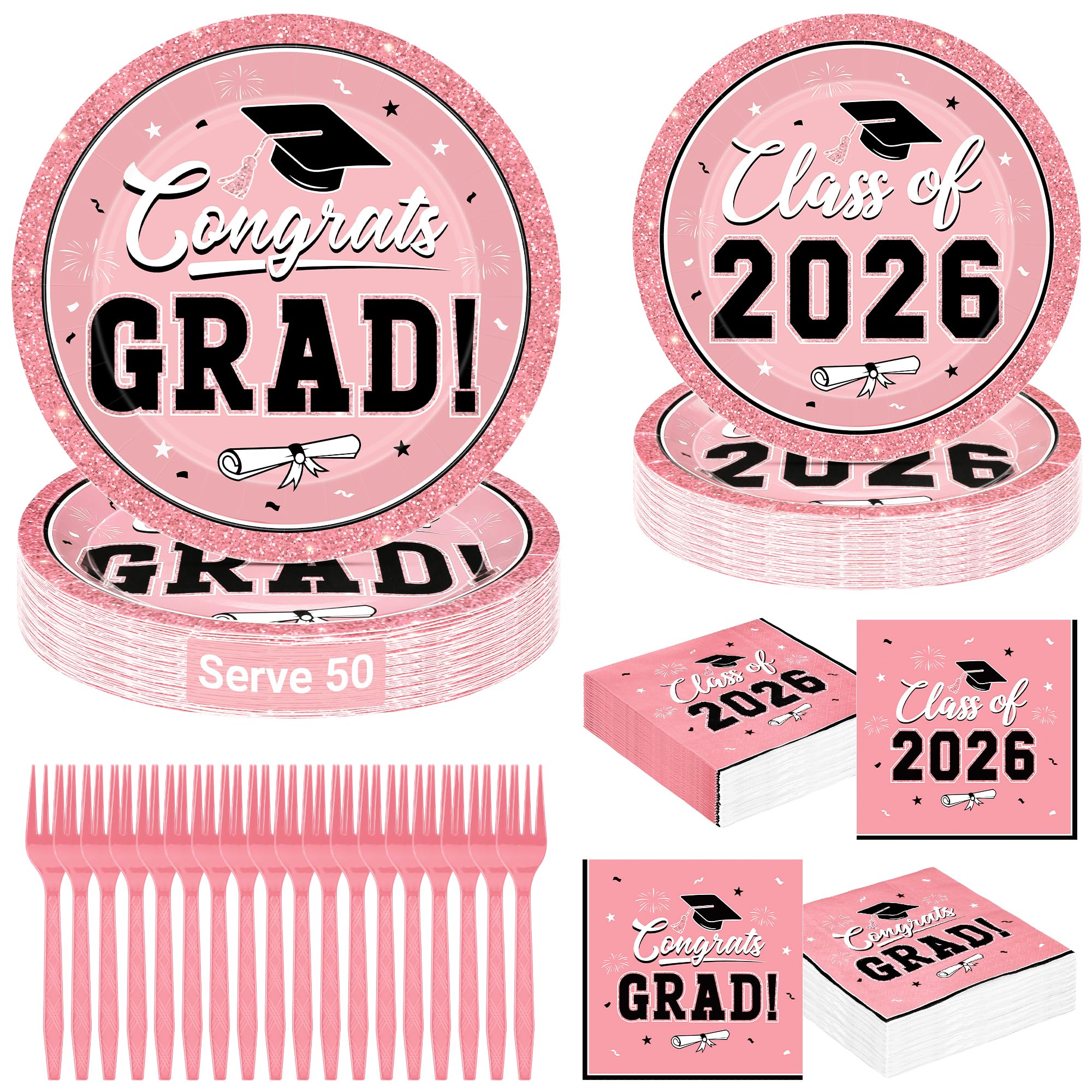 QZYL 200Pcs Pink Graduation Supplies Set, Grad Plates, Napkins, Dessert Plates and Plastic Forks for 50 Guests, Disposable Graduation Party Supplies, Grad tableware for 2026 School Ceremony