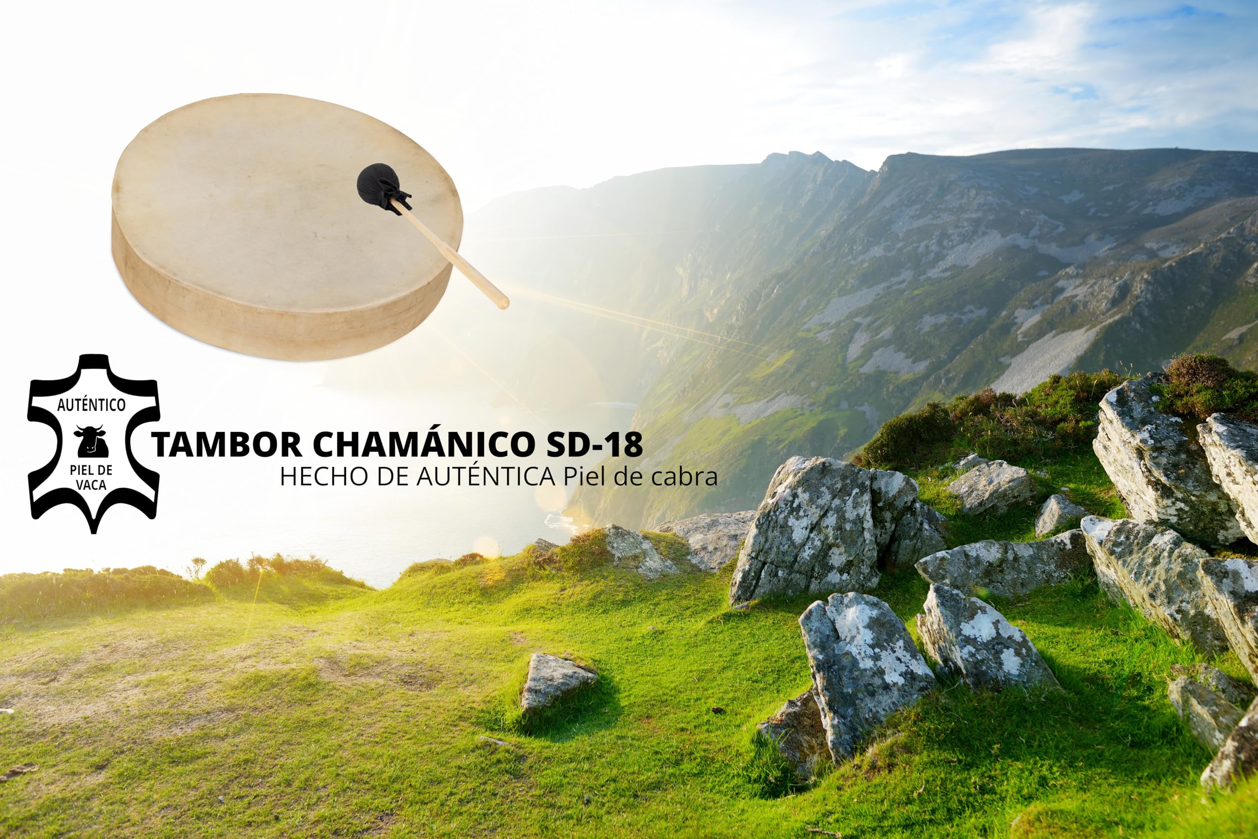 Classic Cantabile SD-18 Tambor Chamánico 18", Tensado con piel de cabra | Maza incluida, Tensión por cuerda con correa de sujeción, Caja de madera maciza de fresno, Profundidad: 7, 5 cm, 2 kg