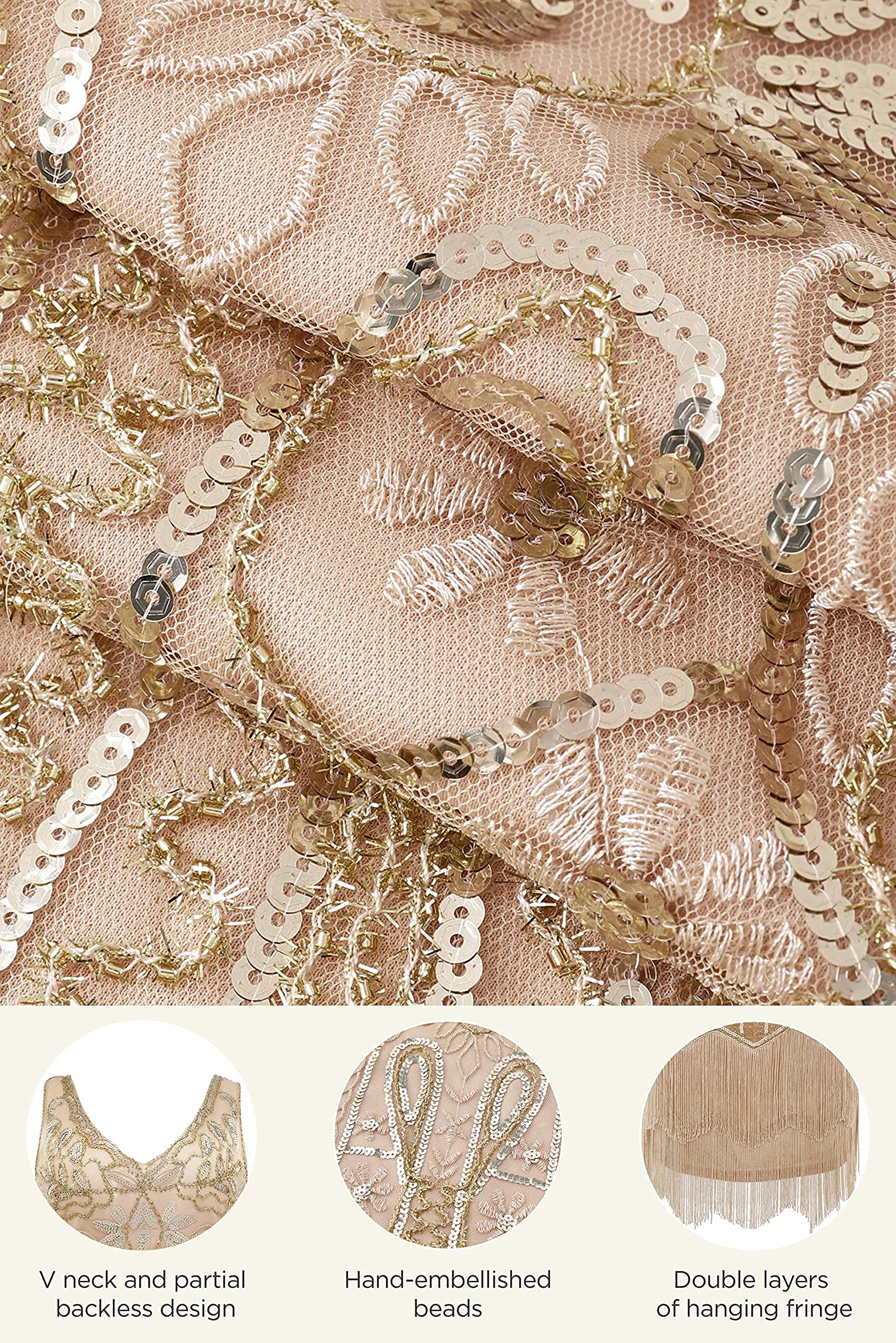 Babeyond – Robe à Franges et col en V pour Femme Style 1920 Gatsby Le Magnifique Champagne Or.