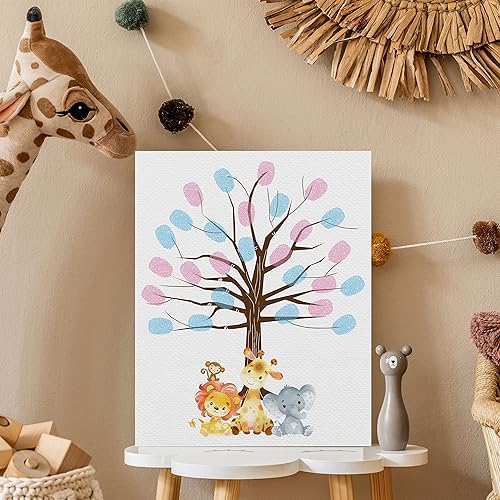 Miniatura 4 de DEOTEDI Árbol de huellas dactilares para revelar el género del bebé, lona de animales, para baby shower, libro de visitas de revelación de género,