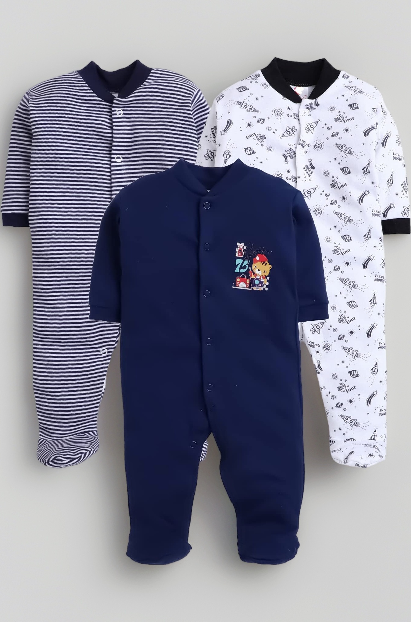 EIO 100% Cotton Baby Rompers Sleepsuits Jumpsuits Night Suits for Newborn Baby Boys & Girls | Soft Infant Bodysuit | Pack of 3 Kids Rompers